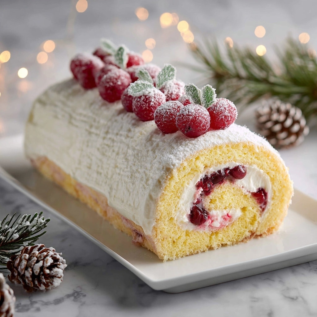 A rolled cake with three visible layers sits on a white rectangular tray; the outer layer is smooth white cream with a soft texture, inside there is a light yellow sponge cake rolled around white cream with a red berry filling swirl. The top of the cake is decorated with a line of bright red berries dusted with powdered sugar, and small sprigs of green leaves lightly dusted with powdered sugar are placed between and around the berries. The tray rests on a white marbled surface with some pinecones and green pine branches decorated with small white lights around it. Photo taken with an iphone --ar 4:5 --v 7
