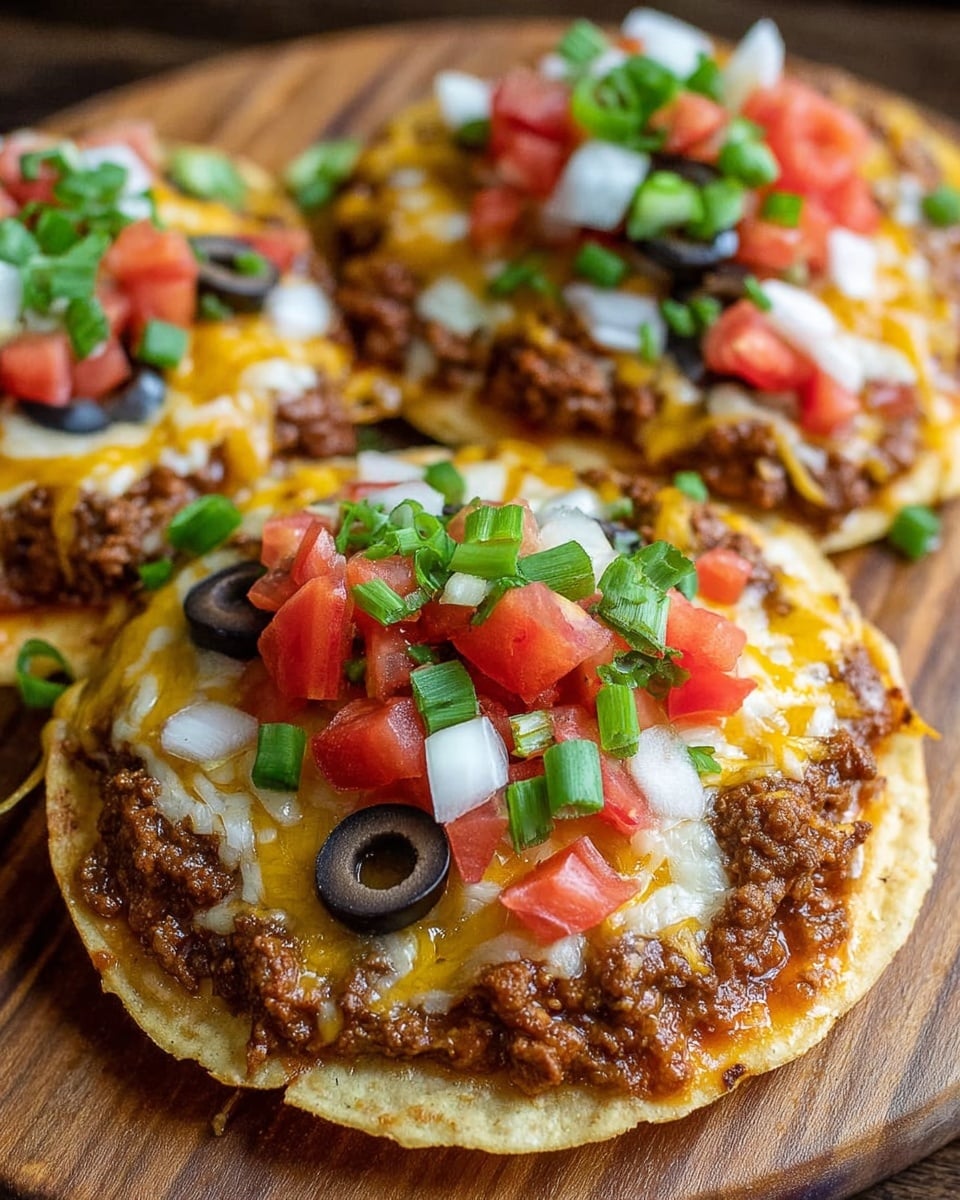 The image shows three tostadas placed closely together on a wooden surface. Each tostada has a crispy, light golden tortilla base topped with a thick layer of cooked ground beef that looks juicy and rich. Above the beef, there is a melted layer of yellow and white cheese, slightly browned on the edges. On top, there are fresh toppings including diced red tomatoes, small white onion pieces, sliced black olives, and chopped green onions, adding bright colors and texture contrasts. The vibrant toppings sit evenly scattered across each tostada, making the dish look fresh and appetizing. photo taken with an iphone --ar 4:5 --v 7