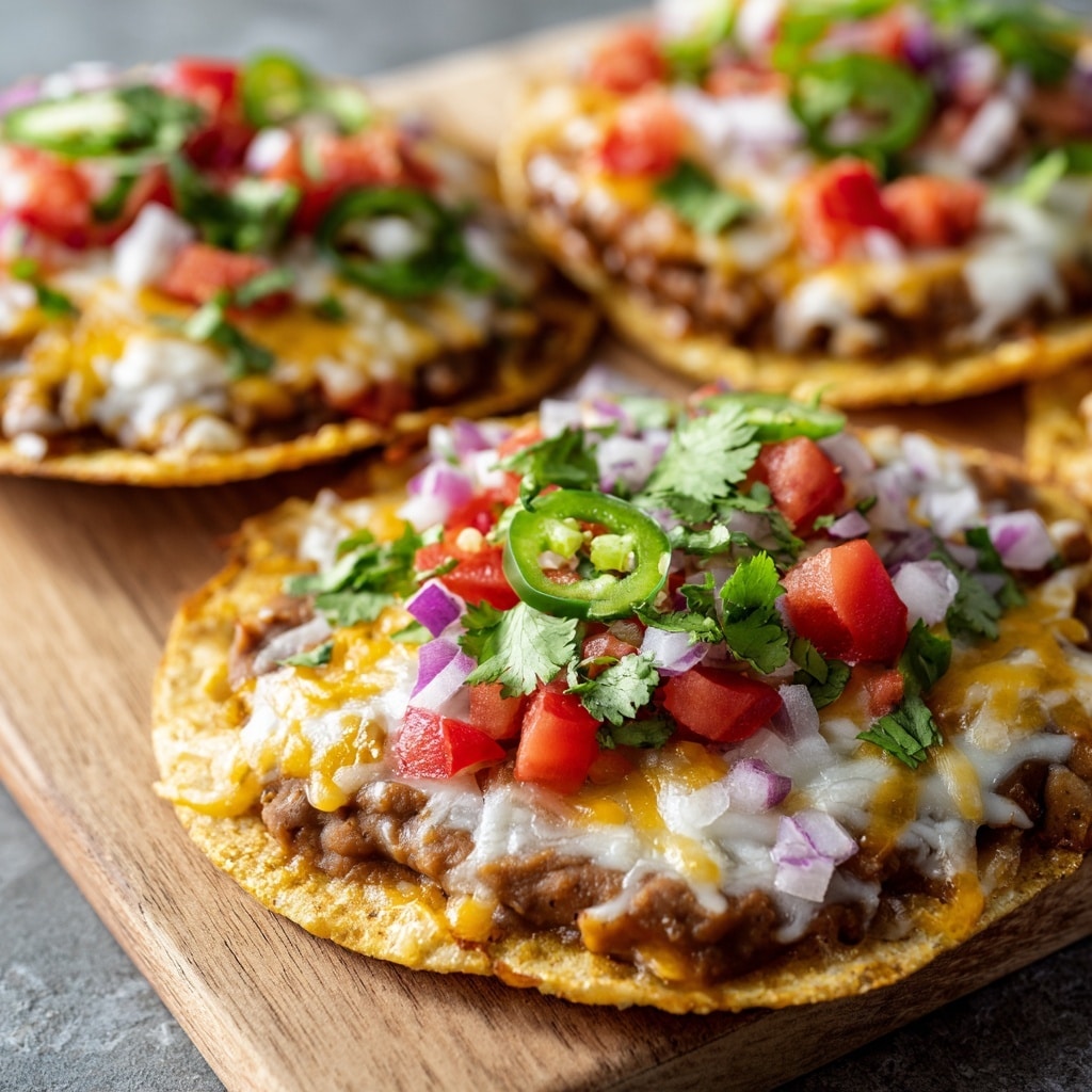 A close-up view of three square tostadas on a light brown wooden board with a white marbled texture underneath. Each tostada has a crispy, thin base with a golden-brown color and is topped with a thick layer of refried beans that appear smooth and creamy, followed by a melted layer of cheddar and mozzarella cheese in white and light yellow shades. On top of the cheese are fresh diced red tomatoes, thin slices of light purple onion, green chopped jalapeños, and small sprigs of cilantro scattered over. The lighting highlights the textures of the melted cheese and fresh vegetables vividly. photo taken with an iphone --ar 4:5 --v 7