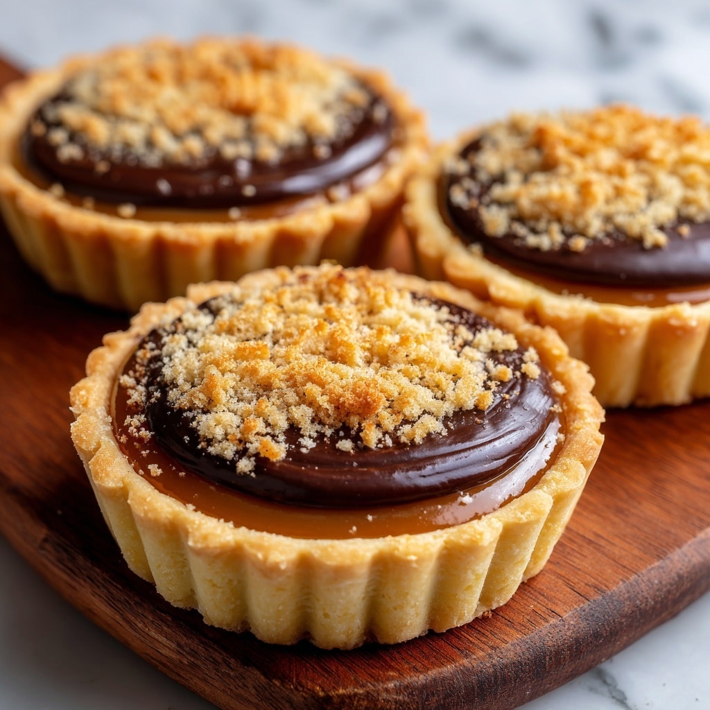 The image shows small tarts with three visible layers. The bottom layer is a light golden, flaky tart crust with ridged edges, holding the filling inside. The middle layer is a smooth, shiny, caramel-colored filling sitting right inside the tart shell. On top of that is a thick, rich, dark chocolate layer with a glossy texture, slightly swirled in a decorative way. The topmost layer is made of crumbly, golden-brown nut or cookie crumbs sprinkled on the chocolate. The tarts are placed on a brown wooden surface against a white marbled background. Photo taken with an iphone --ar 4:5 --v 7