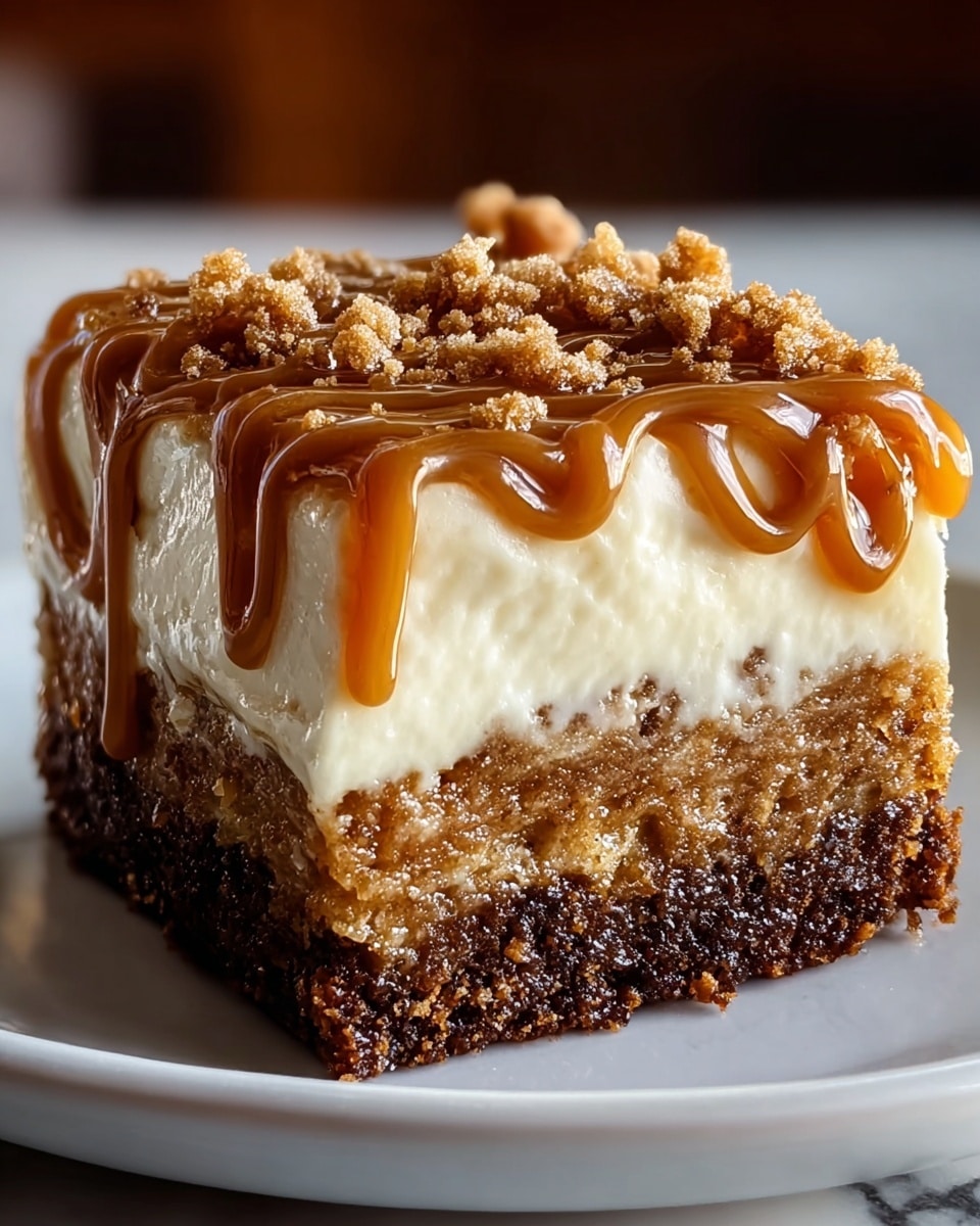 The image shows a close-up of a square dessert with three clear layers. The bottom layer is dark brown with a slightly rough texture, looking like a dense crust. Above that is a thick middle layer that is light golden brown, moist and spongy in appearance. On top of this is a smooth, creamy white layer. The dessert is finished with a rich caramel drizzle on top that forms thick, glossy lines and small pools, with some crumbled bits scattered over the caramel. The dessert sits on a white plate, with a white marbled surface in the background. photo taken with an iphone --ar 4:5 --v 7