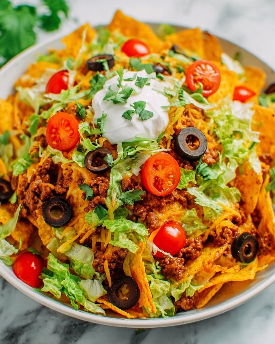 A white bowl filled with a colorful layered nacho dish. The bottom layer consists of crispy yellow corn chips, topped with pieces of brown seasoned beef and melted cheese. Above this are bright green chopped lettuce and sliced red cherry tomatoes. There are also black olive slices and chopped green onions scattered on top. In the center, there is a dollop of white sour cream garnished with a small green herb leaf. The whole dish has a fresh and vibrant look, and the bowl sits on a white marbled surface. Photo taken with an iphone --ar 4:5 --v 7