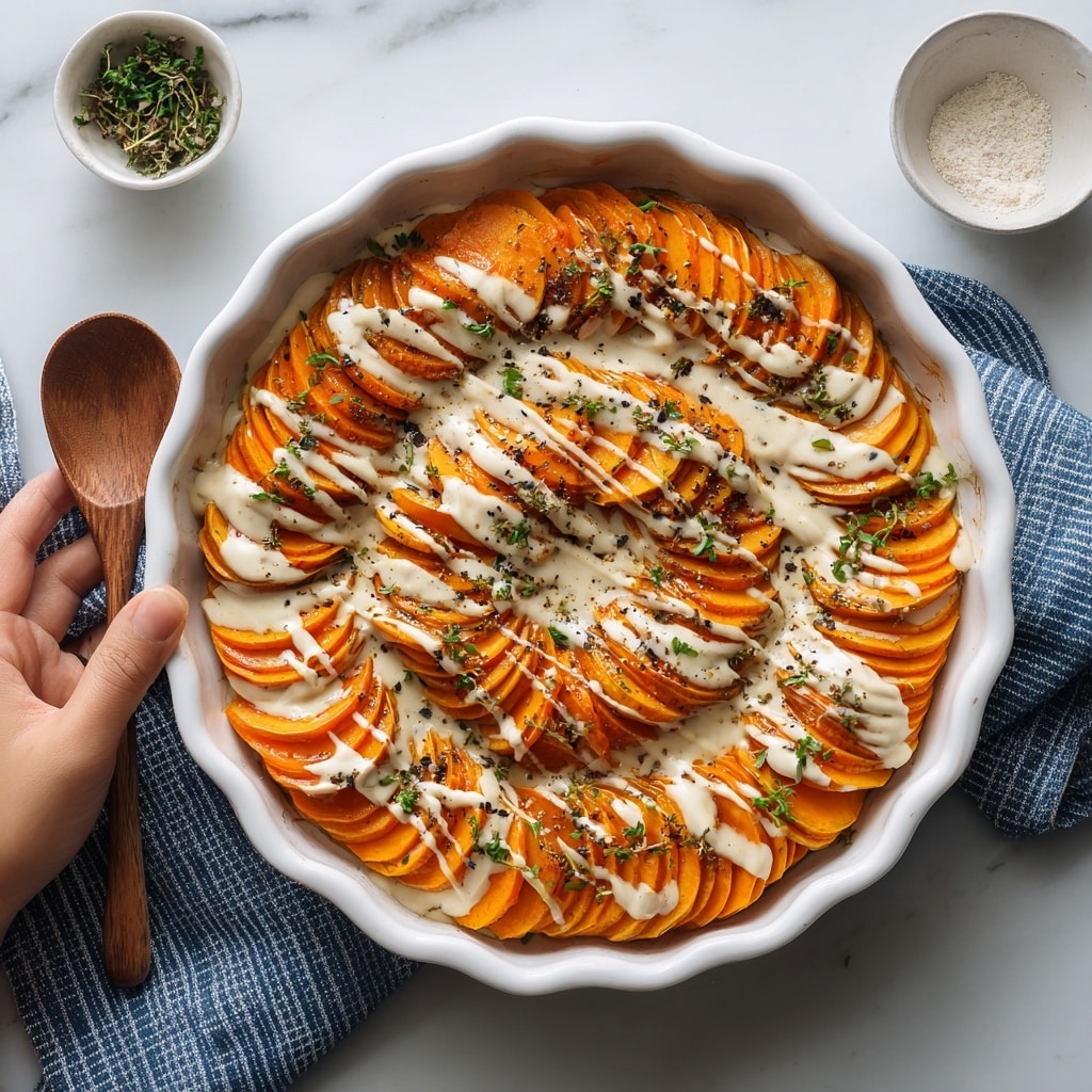 A round white scalloped ceramic dish holds a layered sweet potato casserole placed on a wooden board with a gray cloth underneath, all on a white marbled surface. The bottom layer appears creamy and smooth, light beige in color. On top, there is a thick layer of evenly spaced roasted sweet potato slices with a bright orange color and slightly browned edges. The casserole is drizzled with white sauce in diagonal lines and sprinkled with small brown crumbles and tiny green herb leaves for garnish. The overall texture looks creamy and soft, with crunchy bits on top adding contrast. photo taken with an iphone --ar 4:5 --v 7