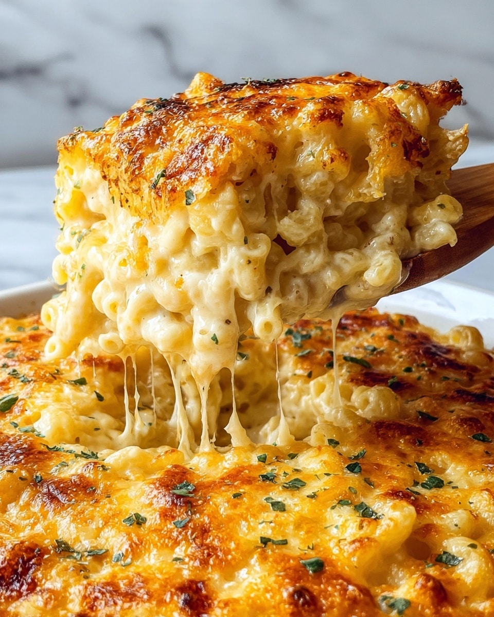 A close-up view of a cheesy baked macaroni dish being scooped up, showing two main layers: the top layer is golden brown, bubbly melted cheese with toasted spots, and the bottom layer is creamy, white cheese sauce mixed with soft elbow macaroni pasta. The texture contrasts between the smooth, stretchy cheese sauce and the thick, browned cheese crust. This is all on a white marbled surface in the background. photo taken with an iphone --ar 4:5 --v 7