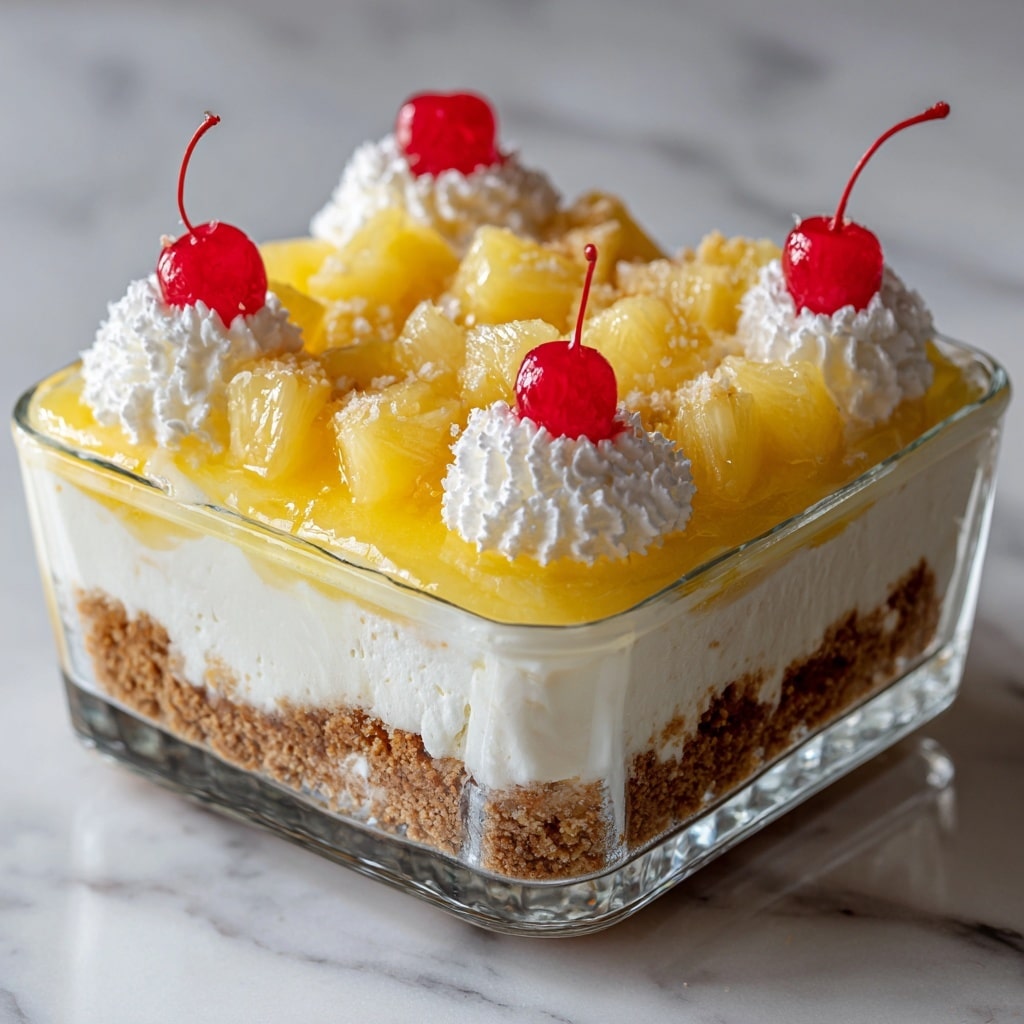 A square glass dish filled with a layered dessert sits on a white marbled surface. The bottom layer is a light brown crumbly crust, topped by a thick white creamy layer. Above this, a bright yellow pineapple layer with a smooth texture spreads evenly. On top, there are dollops of white whipped cream arranged evenly over the pineapple layer, each topped with a single red cherry, creating a colorful and inviting look. photo taken with an iphone --ar 4:5 --v 7