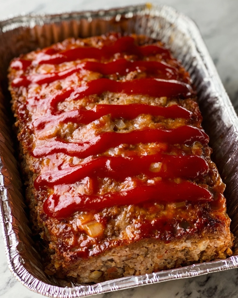 The image shows a close-up of a thick square slice of meatloaf placed on a white plate with a white marbled texture surface. The meatloaf has three visible layers: the bottom layer is dense and brown with bits of white onion mixed inside, showing a moist texture; the middle layer is similar in texture and color with more pronounced pieces of onion; the top layer is covered with a shiny, deep red sauce spread evenly, giving a glossy finish. A silver fork rests to the side of the plate, partially visible. The background is blurred green, giving a fresh, natural look. Photo taken with an iphone --ar 4:5 --v 7