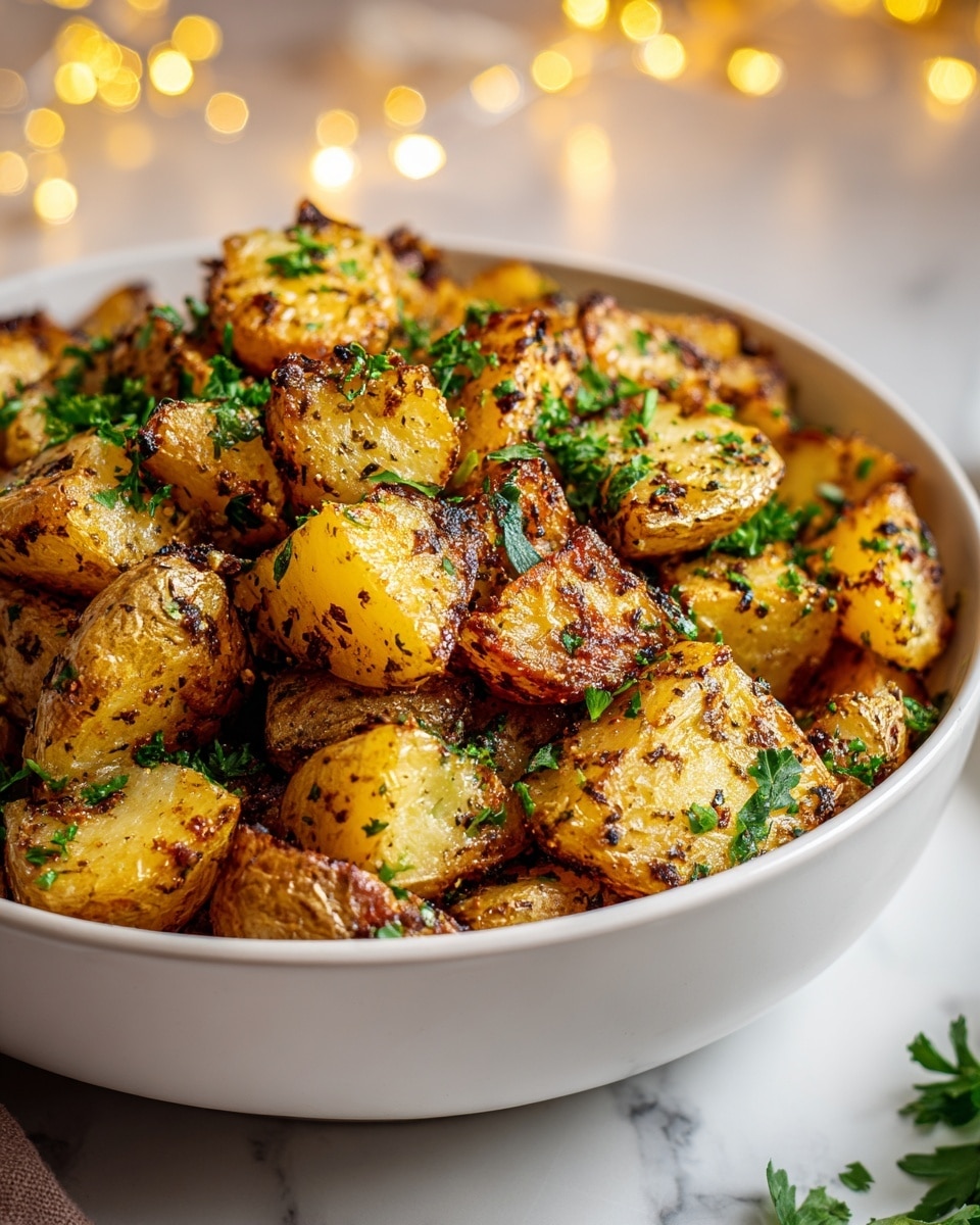 A white bowl filled with two layers of roasted potato pieces, each piece golden brown with crispy, slightly charred edges and a rough texture. The potatoes are mixed with bright green parsley leaves scattered evenly on top and among the potato pieces, adding a fresh contrast. The bowl sits on a white marbled surface with soft warm yellow fairy lights blurred in the background. The overall look is warm, rustic, and inviting, showing a close-up view with good lighting and sharp detail. photo taken with an iphone --ar 4:5 --v 7