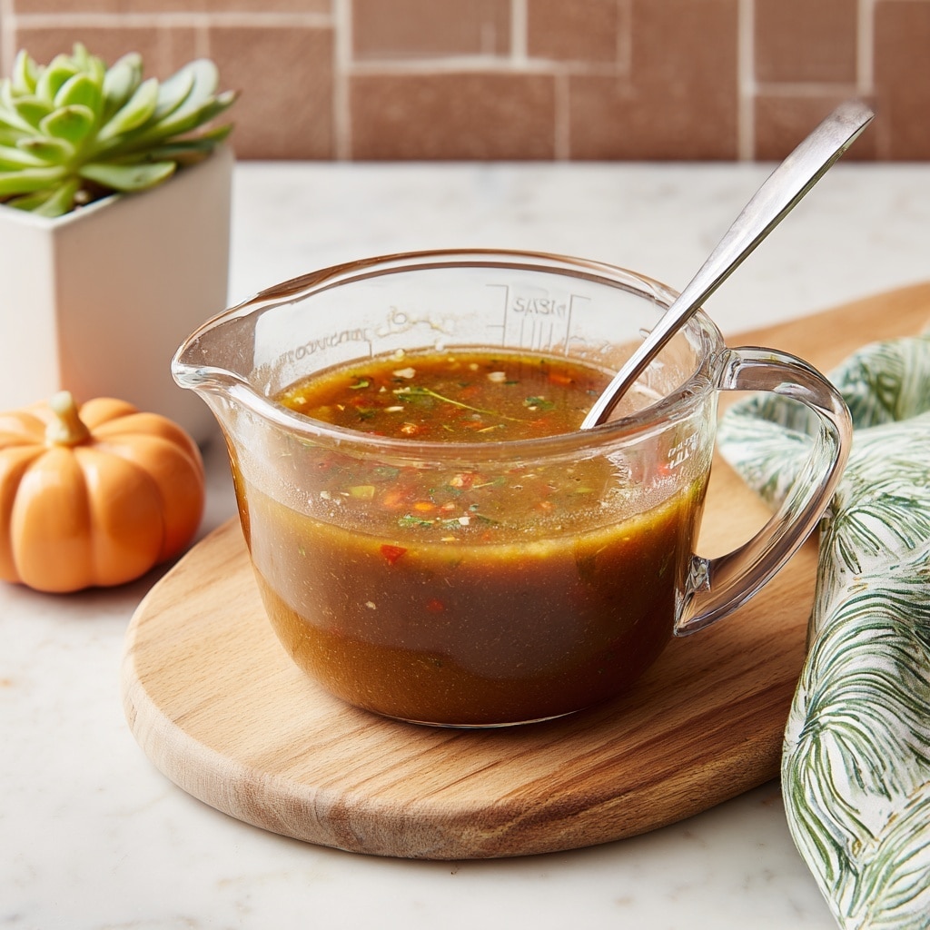A clear glass Pyrex measuring cup filled with thick, brown soup that has visible small bits of vegetables and herbs floating in it, with a silver spoon resting inside the cup on the right side. The measuring cup sits on a light wooden round board which contrasts with the white marbled texture beneath. To the left of the cup, there is a small white square pot holding a green succulent plant, and a light orange ceramic pumpkin decoration behind it. In the far background, there is a green and white patterned cloth and a brown tiled wall. photo taken with an iphone --ar 4:5 --v 7