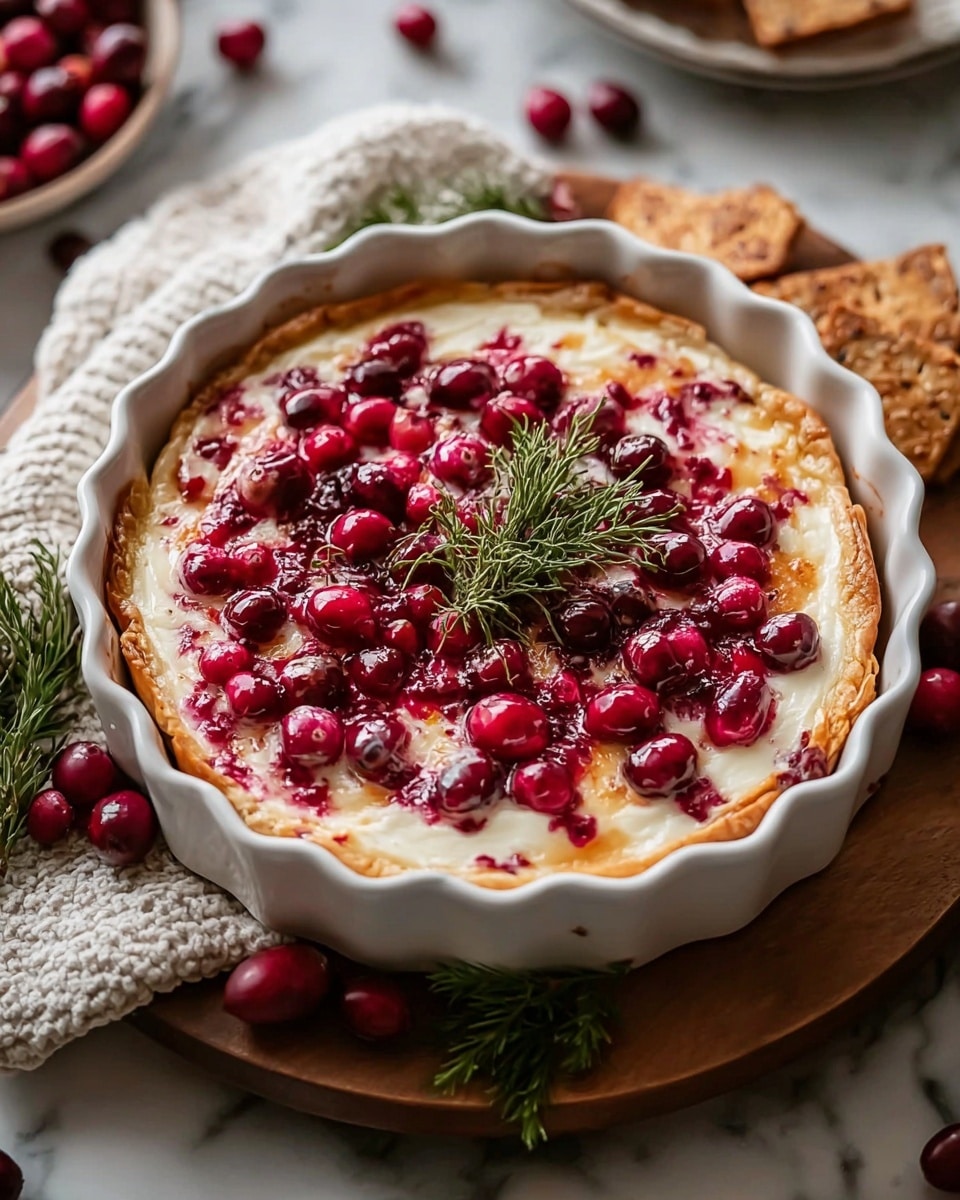 A round tart in a white scalloped baking dish sits on a wooden board over a white marbled surface. The tart has three visible layers: a golden, flaky crust base; a thick, creamy white cheese layer spread evenly above the crust; and a topping of bright red cranberries, some whole and some slightly baked, scattered over the cheese with a shiny glaze. In the center is a small bunch of fresh green rosemary sprigs, adding a pop of color. Around the dish, dark red cranberries and green pine leaves decorate the scene, with some rustic toasted bread pieces placed nearby. A soft white knitted cloth lies under the board, enhancing the cozy setting. photo taken with an iphone --ar 4:5 --v 7