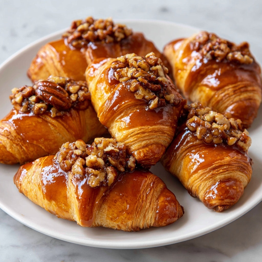 A close-up image shows a group of croissants placed on a white plate over a white marbled surface. Each croissant has a golden-brown flaky crust with visible layers of baked dough that look soft inside and crunchy outside. On top of each croissant, there is a shiny layer of sticky caramel glaze, which holds a mix of whole and chopped pecans, adding a rich texture and dark brown color contrast. The croissants are piled together in an inviting way, with the focus on the front croissant, showing the details of the glossy nuts and the flaky texture of the pastry. photo taken with an iphone --ar 4:5 --v 7