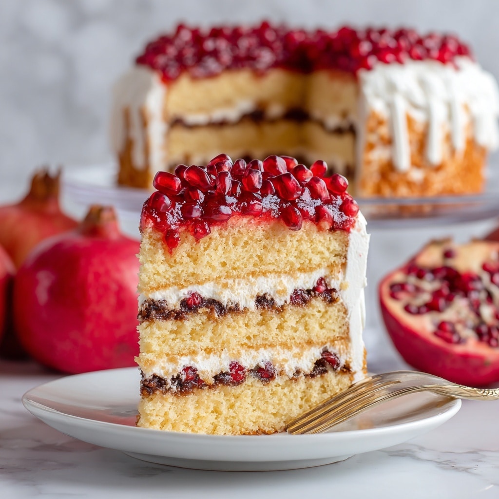 The image shows a slice of layered cake on a white plate with a fork beside it. The slice has multiple thin layers, alternating between light yellow cake and creamy white frosting with dark chocolate layers in between. On top of the slice is a glossy red fruit topping with visible pomegranate seeds, creating a bright, textured surface. The sides of the slice have smooth white frosting, and the whole cake is visible in the background on a clear glass cake stand, showing the same layered texture and topped with the same red fruit layer. The background has bright red pomegranates and a white marbled surface. Photo taken with an iphone --ar 4:5 --v 7