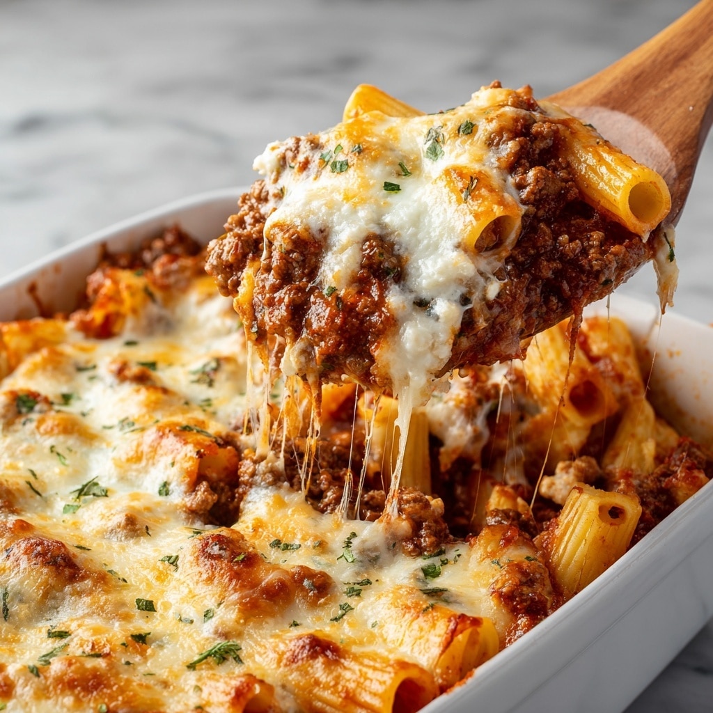 A close-up view of baked ziti being lifted with a wooden spoon from a white dish, showing a thick top layer of melted, golden-brown cheese with lightly browned spots and scattered small green herb pieces. Beneath the cheese is a rich, chunky red tomato sauce mixed with browned ground meat and creamy white ricotta cheese, visibly coating tube-shaped pasta pieces that are soft and well-cooked. The cheese stretches in long strands from the lifted portion, and the dish is set on a white marbled surface. Photo taken with an iphone --ar 4:5 --v 7