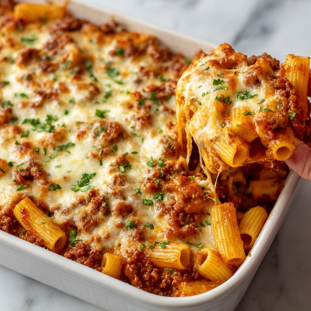 The image shows a close-up of baked pasta in a white dish placed on a white marbled surface. The dish has small tube-shaped pasta mixed with a rich reddish-brown meat sauce layered beneath a thick, bubbly covering of melted white and slightly browned cheese. On top of the cheese are small pieces of fresh green herbs scattered around. The pasta underneath is coated evenly in the sauce, and some strings of melted cheese stretch slightly where the woman’s hand is lifting a portion from the corner, revealing the gooey, creamy texture inside. Photo taken with an iphone --ar 4:5 --v 7