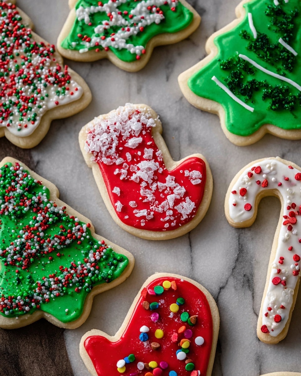 The image shows several Christmas-themed sugar cookies on a white marbled surface. The main cookie in the center is shaped like a mitten with a smooth red icing base, topped with small white snowflake-shaped sprinkles and both red and green cylindrical sprinkles scattered across. Around this mitten, there are green Christmas tree cookies decorated with different types of sprinkles: one with white line-shaped sprinkles, another with round red, green, and white confetti sprinkles and small star shapes, and one more with green sugar crystals. A candy cane cookie has alternating red and white icing stripes with scattered red and green sprinkles. All the cookies have a light golden-brown base. photo taken with an iphone --ar 4:5 --v 7