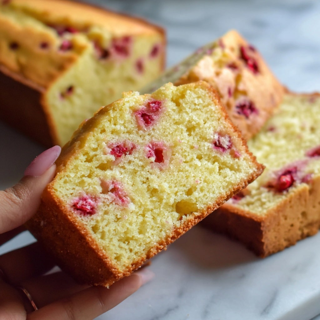The image shows several slices of moist yellow cake arranged closely in a row on a white marbled surface. Each slice contains bright red pieces of fruit spread throughout the soft, crumbly texture. The top of each slice is covered with a smooth, light yellow glaze that looks slightly shiny and creamy. The cake edges are lightly browned, contrasting with the moist inside. The focus is on the front slices with the rest gradually fading in the background. photo taken with an iphone --ar 4:5 --v 7