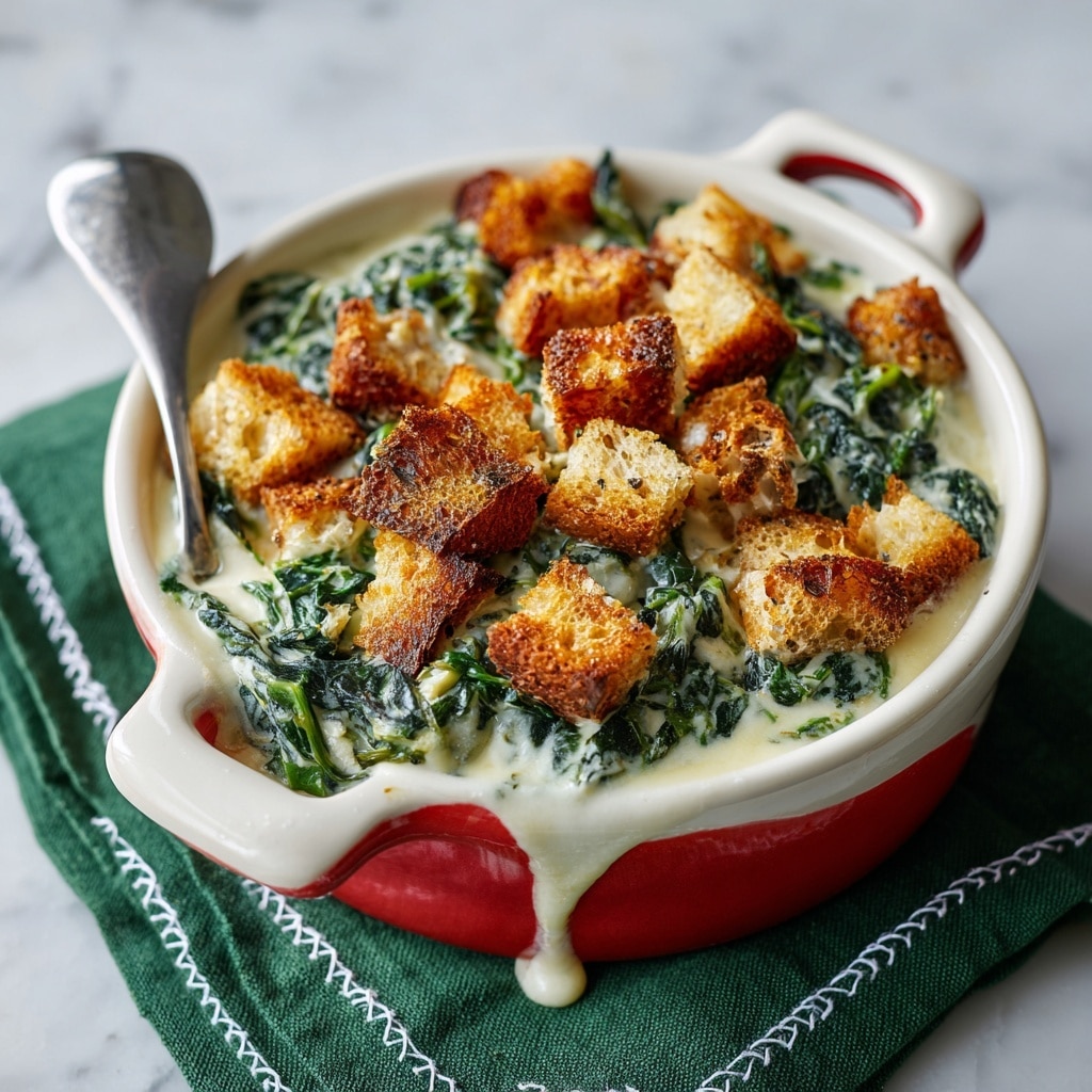 A round white bowl with a red outer surface and two handles is filled with creamy cooked spinach, which is a deep green with a rich, moist texture. The top layer is covered with golden-brown toasted bread cubes that are crunchy and unevenly spread. A metal spoon is resting inside the bowl, partially scooping the spinach near the edge, showing the creamy spinach beneath the croutons. The bowl sits on a bright green cloth with frayed edges, all placed on a white marbled surface. photo taken with an iphone --ar 4:5 --v 7
