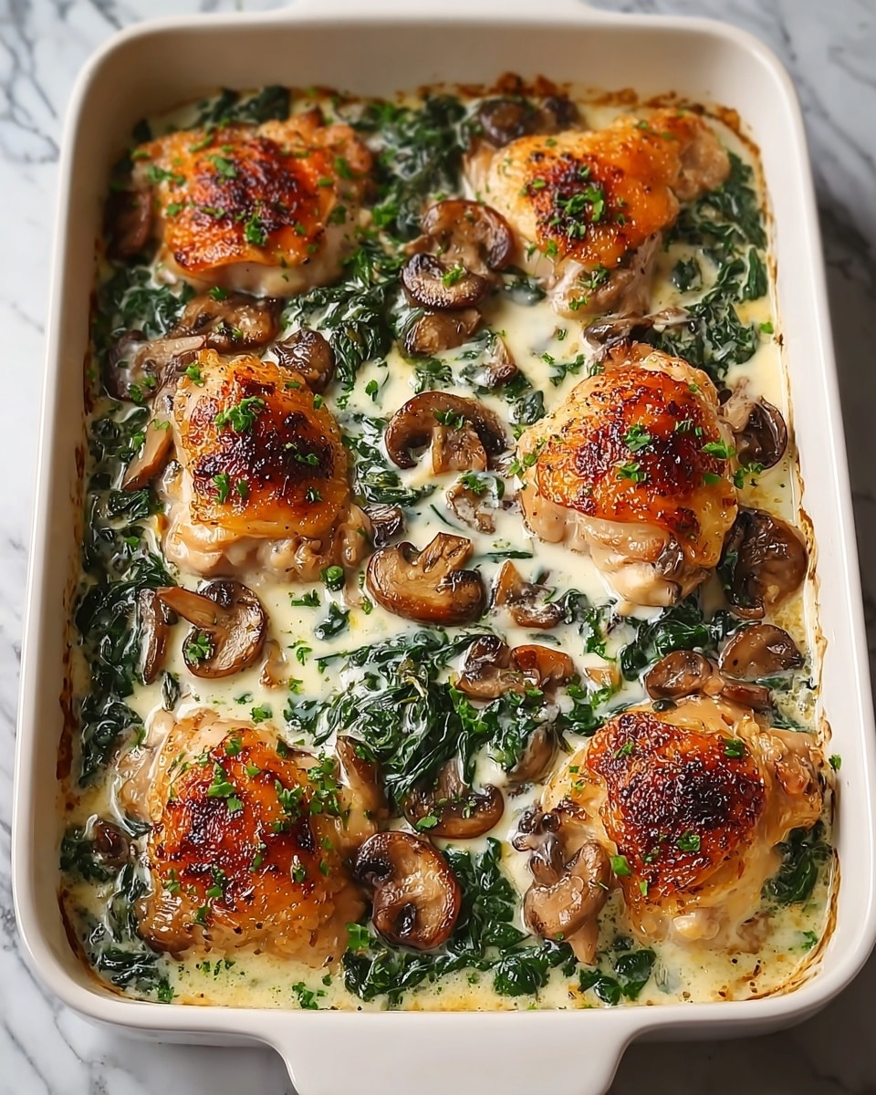 The dish is a baked casserole with eight pieces of golden brown chicken thighs spread evenly on top. Underneath and around the chicken are dark green spinach leaves cooked in a creamy white sauce that fills the base of the white rectangular baking dish. Scattered on top and between the chicken pieces are sliced brown mushrooms, and the whole dish is lightly sprinkled with small bits of fresh green herbs. The chicken skin is crisp with a slightly charred texture, and the creamy sauce looks rich and smooth, blending with the spinach and mushrooms. The baking dish sits on a white marbled surface. photo taken with an iphone --ar 4:5 --v 7