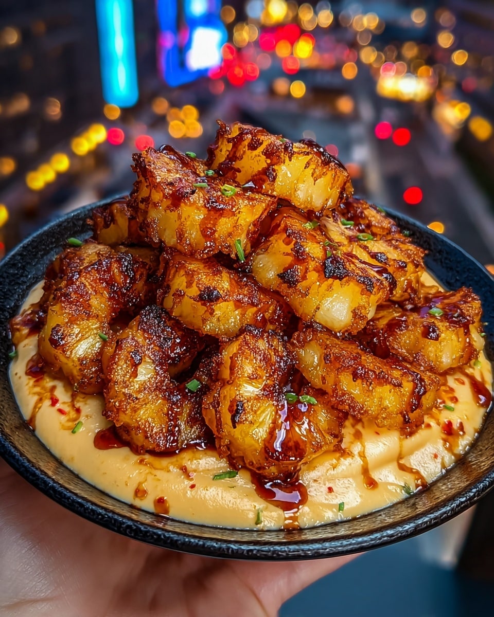 The dish shows a round black bowl filled with two main layers: the bottom layer is a smooth, creamy, light orange sauce with red specks, covering the base completely, and the top layer is a generous mound of golden-brown, crispy fried pineapple rings, each with a rough, charred texture and some darker caramelized spots. The pineapple pieces are drizzled unevenly with extra sauce and a darker glossy glaze that adds contrast and shine. A woman's hand holds the bowl against a white marbled texture background with blurred city lights. photo taken with an iphone --ar 4:5 --v 7