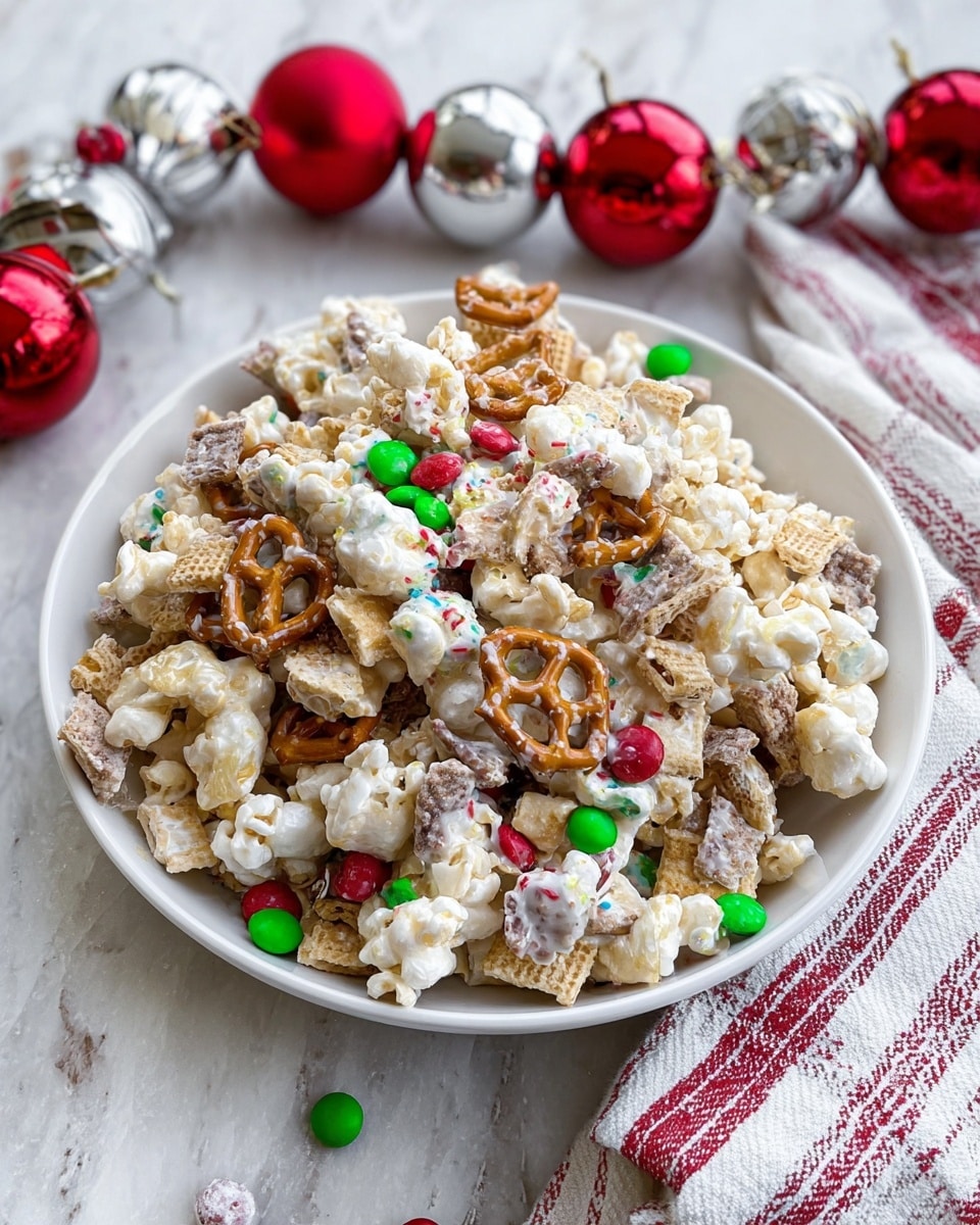 A close-up view of a white bowl filled with a layered snack mix including light brown pretzels, white popcorn, light beige square cereal pieces, and thin almond slices, all coated lightly in a white, creamy coating. Red, green, and white round sprinkles are scattered through the mix adding pops of bright color. The white bowl sits on a white marbled surface with some small red and silver Christmas ornaments and a white cloth in the blurry background. Photo taken with an iphone --ar 4:5 --v 7