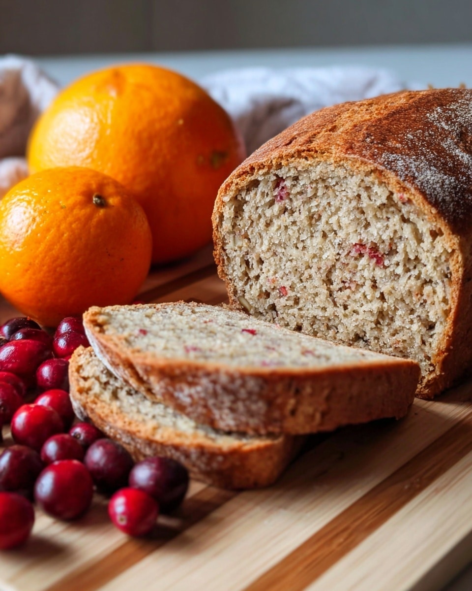 The image shows a loaf of bread with one thick slice cut and placed in front, revealing a soft, grainy texture with small reddish bits inside. The bread crust is golden brown with a slightly rough surface. To the left of the bread, there is a whole bright orange fruit and several round red berries scattered on a wooden cutting board with light and dark stripes. The background is a white marbled texture. photo taken with an iphone --ar 4:5 --v 7