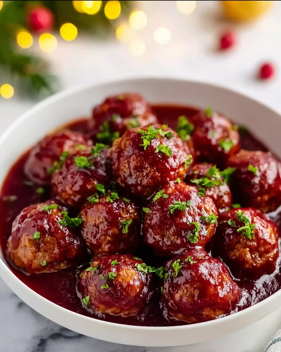A white bowl filled with about a dozen small round meatballs, each covered in a shiny, thick dark red sauce that looks like cranberry or barbecue glaze. The meatballs are evenly coated, with some sauce pooling at the bottom of the bowl. Small chopped green herbs are sprinkled on top, adding contrast to the deep red color. The bowl sits on a white marbled surface, with blurred holiday decorations in the soft background. Photo taken with an iphone --ar 4:5 --v 7