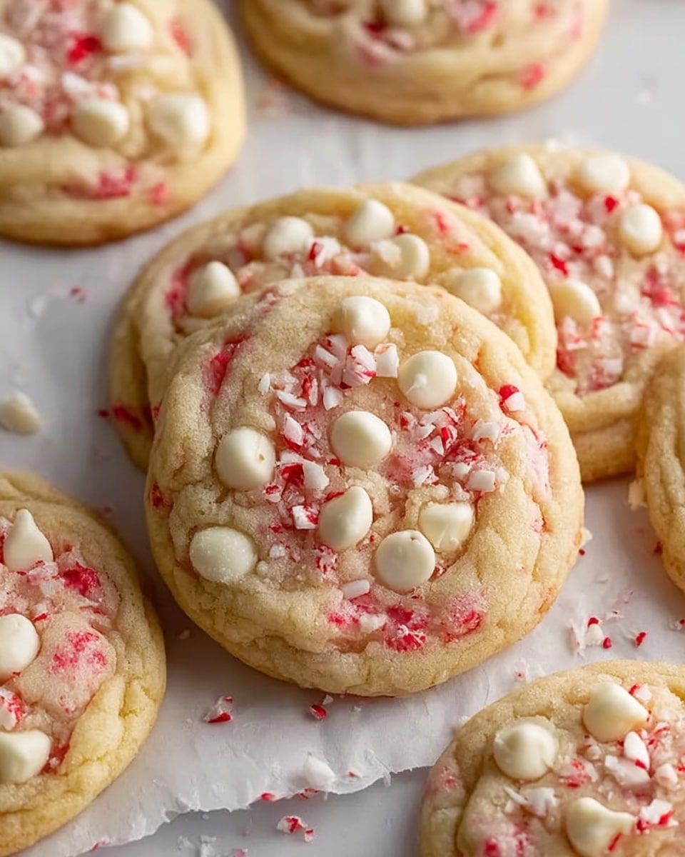 The image shows soft, round cookies on white parchment paper over a white marbled surface. Each cookie has a light golden-brown base with swirls of red candy pieces mixed in, topped with white chocolate chips scattered evenly across the surface. The cookies also have small crushed peppermint bits sprinkled over the top, adding red and white texture. The cookies are close to each other, making a cozy group. photo taken with an iphone --ar 4:5 --v 7
