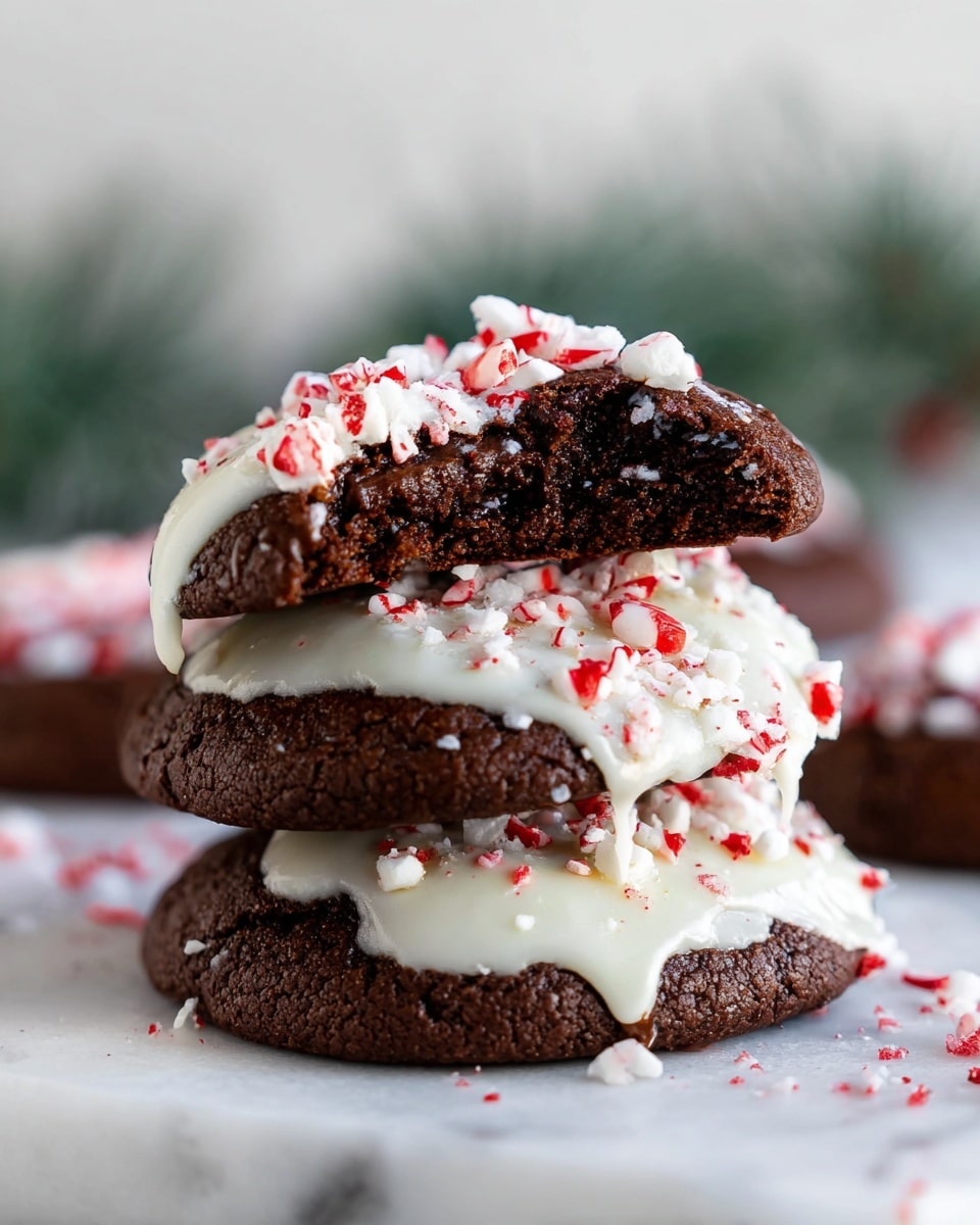 A stack of three soft, dark brown chocolate cookies is shown on a white marbled surface, each cookie partly dipped in thick white icing. The icing on the bottom cookie spreads out widely and is sprinkled with small chunks of crushed red and white candy canes and tiny white round sprinkles. The middle cookie’s icing is slightly more spread but similar in decoration. The top cookie has a bite taken out of it, revealing a moist and gooey chocolate inside, and is similarly coated halfway with the white icing and scattered candy cane pieces. The background is softly blurred with hints of green in the distance. photo taken with an iphone --ar 4:5 --v 7