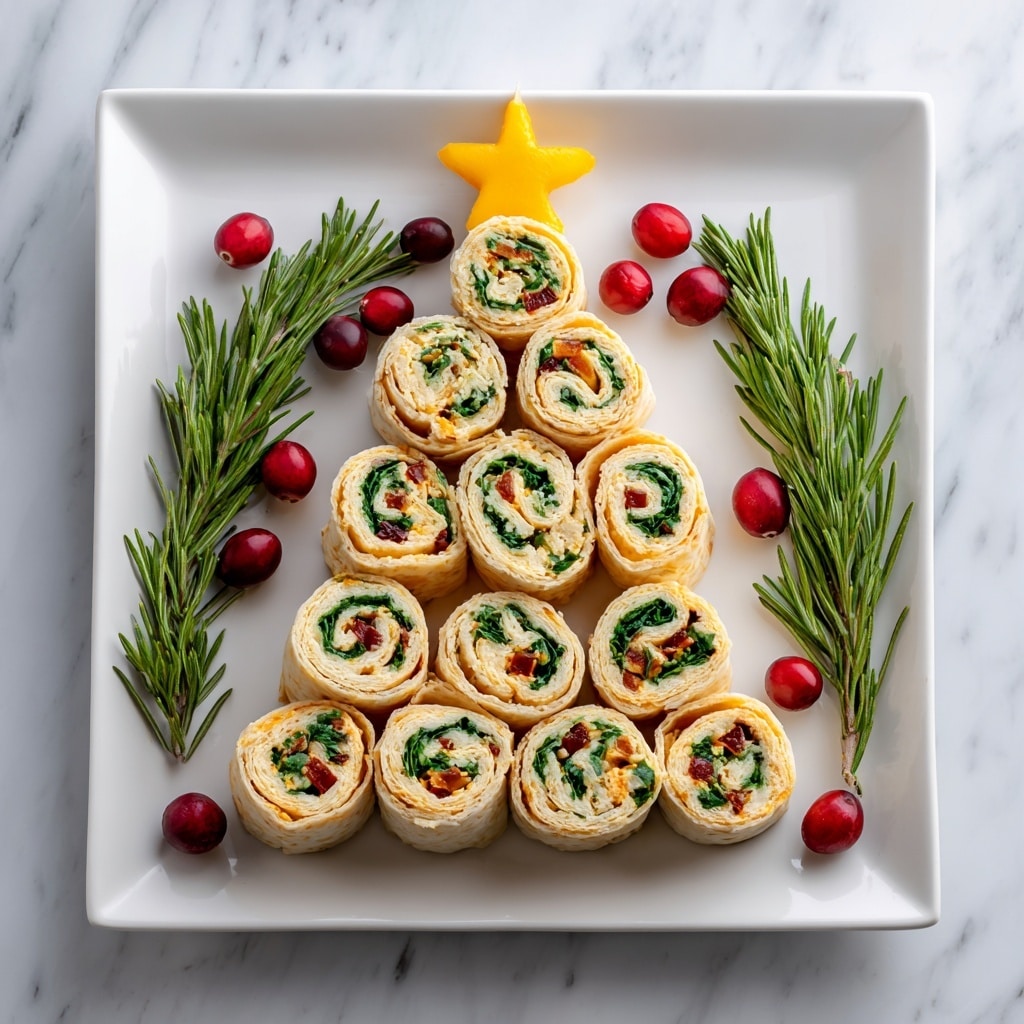 The image shows a Christmas tree shape made from 35 round tortilla roll-ups arranged in 7 layers on a square white tray; the bottom layer has 8 roll-ups, and the layers get smaller to the top with one roll-up at the peak. Each roll-up is light tan with visible green spinach or herb swirls and small red pepper pieces inside. At the top of the tree, a yellow star-shaped garnish is placed. Around the tree on the tray are sprigs of green rosemary and bright red cranberries, all set on a white marbled surface. photo taken with an iphone --ar 4:5 --v 7