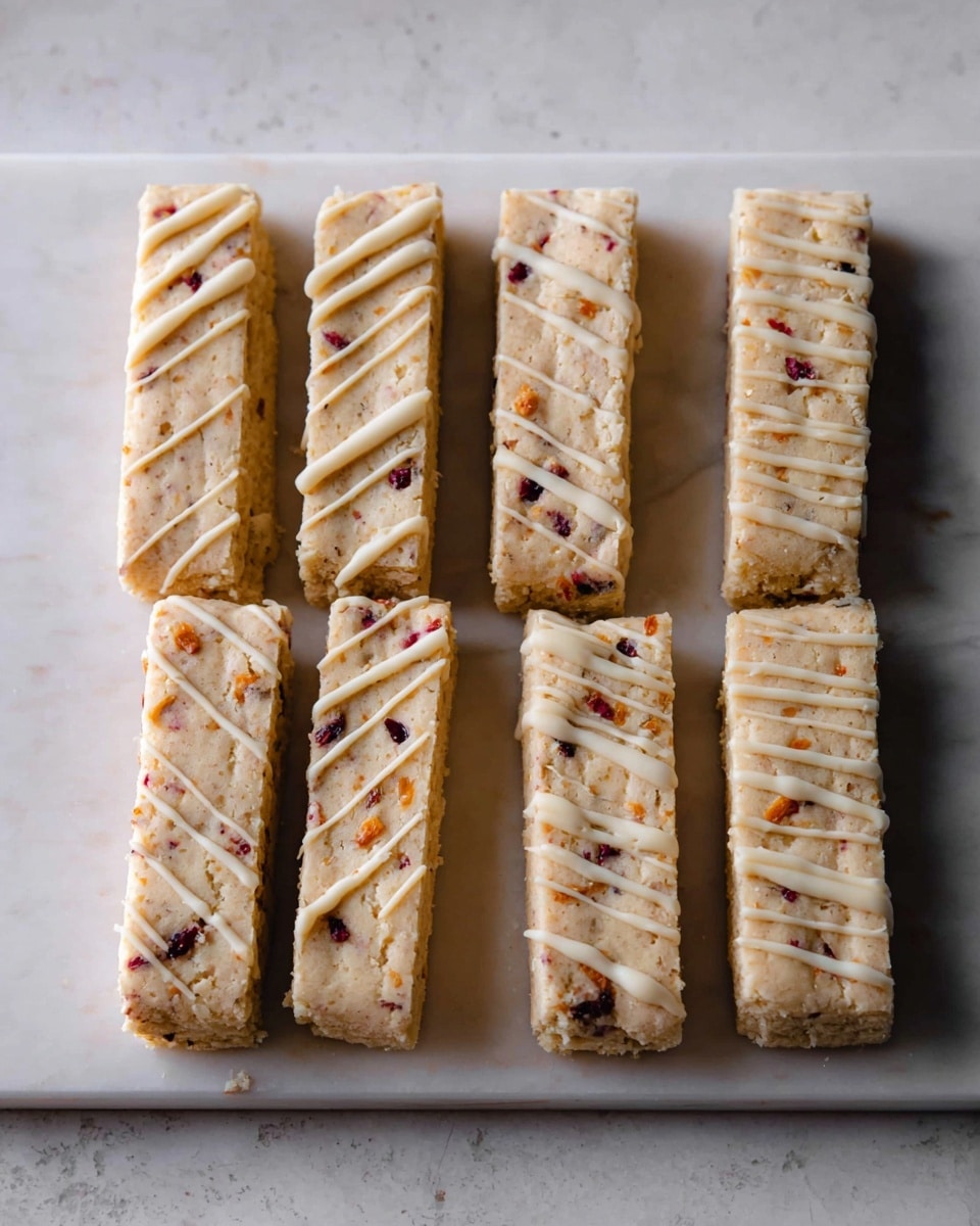 Seven long, rectangular cookie bars are neatly lined up on a white plate. Each bar is light beige with small red and orange bits scattered throughout, giving a speckled look. A white icing is drizzled in thin diagonal lines across the top of most bars, adding texture and contrast. The plate rests on a white marbled surface, enhancing the soft colors of the cookies. photo taken with an iphone --ar 4:5 --v 7