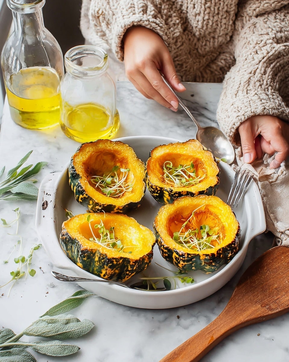 A white dish holds four halved roasted acorn squashes with bright yellow-orange flesh and dark green patterned skin, each hollowed out and garnished with small green sprouts. The dish rests on a white marbled surface with sage leaves scattered nearby and a wooden spatula to the side. Two woman's hands, one holding a spoon and the other a fork, reach toward the squashes. Behind, there are two clear glass bottles, one with yellow oil, and a person wearing a beige knitted sweater is partially visible. photo taken with an iphone --ar 4:5 --v 7