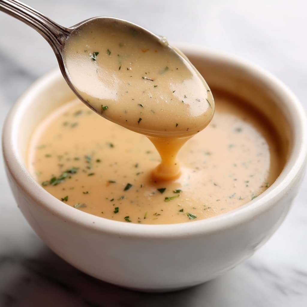 A ladle is shown lifting thick, yellow soup from a white bowl filled with more of the same soup. The soup has a smooth, creamy texture with small flecks of herbs or spices scattered throughout. The background has a white marbled texture, and the ladle is metallic with a long handle. The soup drips slowly from the ladle back into the bowl, showing its medium thickness. Photo taken with an iphone --ar 4:5 --v 7