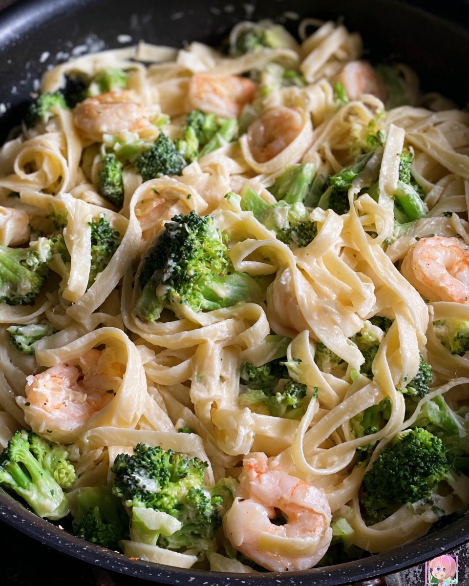 The image shows a close-up of a creamy pasta dish cooked in a black pan. The dish has three clear layers: the base layer is flat, wide fettuccine noodles in a light creamy sauce that makes them look smooth and slightly shiny; mixed throughout the noodles are bright green broccoli florets adding a fresh, slightly rough texture; scattered evenly across the dish are small pink shrimp, giving little pops of soft, curved shapes against the creamy noodles and green broccoli. The creamy sauce lightly coats all elements, blending the colors together softly. photo taken with an iphone --ar 4:5 --v 7