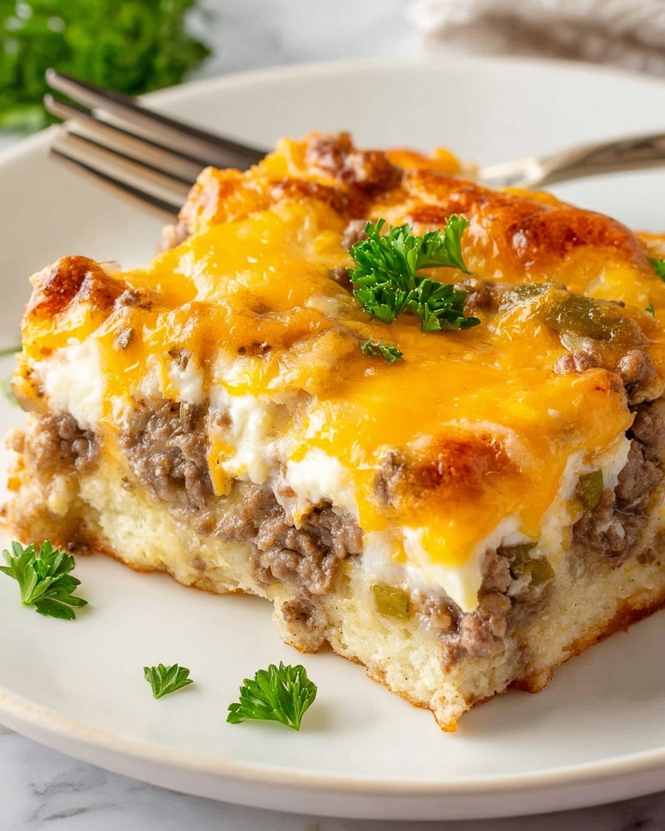 A close-up of a slice of layered casserole on a white plate shows about three layers: the bottom layer is light beige and crumbly, the middle layer is a mix of brown cooked meat and small green pieces, and the top layer is melted cheese in yellow and white colors that looks soft and gooey, with a few small bright green parsley leaves garnishing the surface and around the plate, all set on a white marbled surface; photo taken with an iphone --ar 4:5 --v 7