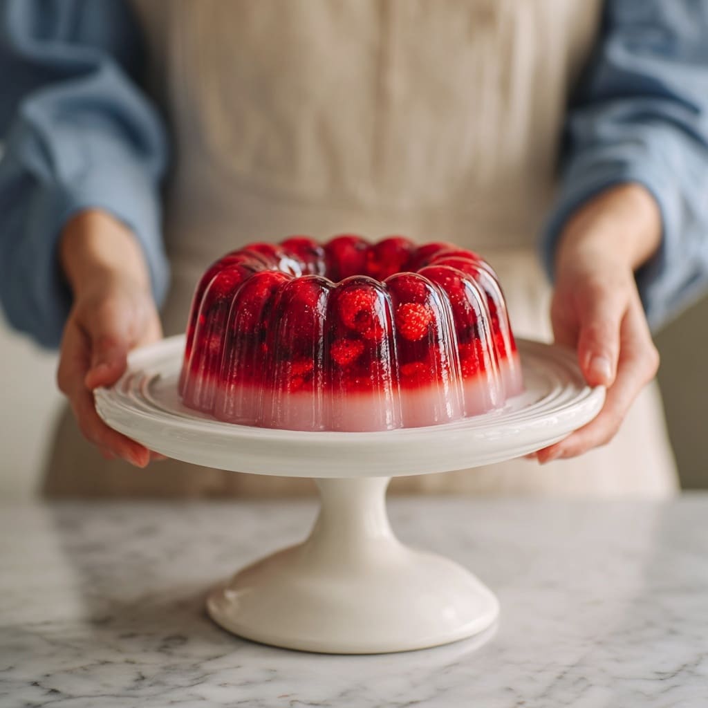 A shiny red gelatin ring sits on a white plate, with visible whole pomegranate seeds and sliced strawberries embedded in the translucent jelly. The gelatin has a smooth texture, holding the fruit evenly around the entire ring shape. The red color of the gelatin contrasts with the bright red of the fruits inside, making them stand out. The plate rests on a white marbled surface. photo taken with an iphone --ar 4:5 --v 7