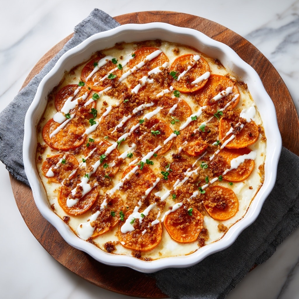 A white scalloped round dish filled with several layers of thin orange sweet potato slices arranged in a circular pattern, covering the entire surface. The sweet potato layer is topped with a creamy white sauce drizzled evenly in wavy lines across the top. Small green herb bits and a sprinkle of black pepper are scattered over the sauce, adding texture and color contrast. The dish sits on a blue and white striped cloth on a white marbled surface, with a woman's hand holding a wooden spoon next to it and a small white bowl with a powdery ingredient in the background. Photo taken with an iphone --ar 4:5 --v 7