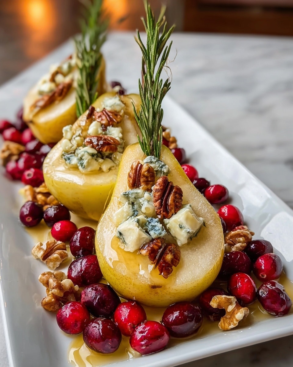 Three yellow pear halves are placed side by side on a white rectangular plate, each filled with small chunks of blue cheese, pieces of pecans, and garnished with a sprig of green rosemary standing upright in the center. The pears have a glossy, slightly glazed look. Surrounding the pears on the plate are scattered fresh, red cranberries mixed with whole walnut pieces, all resting on a shiny honey or syrup drizzle that pools lightly around them. The background is a white marbled texture with soft warm light, and the photo looks close-up and detailed. Photo taken with an iphone --ar 4:5 --v 7