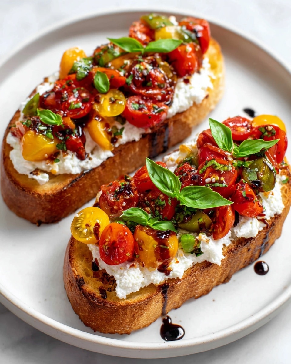 The image shows four pieces of toasted whole grain bread, each with three main layers. The bottom layer is a thick slice of golden brown, crusty bread with visible seeds and grains. The middle layer consists of a soft, white, creamy cheese spread evenly on the bread. On top is a colorful mix of halved red and yellow cherry tomatoes, fresh green basil leaves, and a drizzle of dark balsamic glaze, creating a glossy finish. The toast is arranged on a wooden board on a white marbled surface, with bright natural light highlighting the fresh ingredients. Photo taken with an iphone --ar 4:5 --v 7