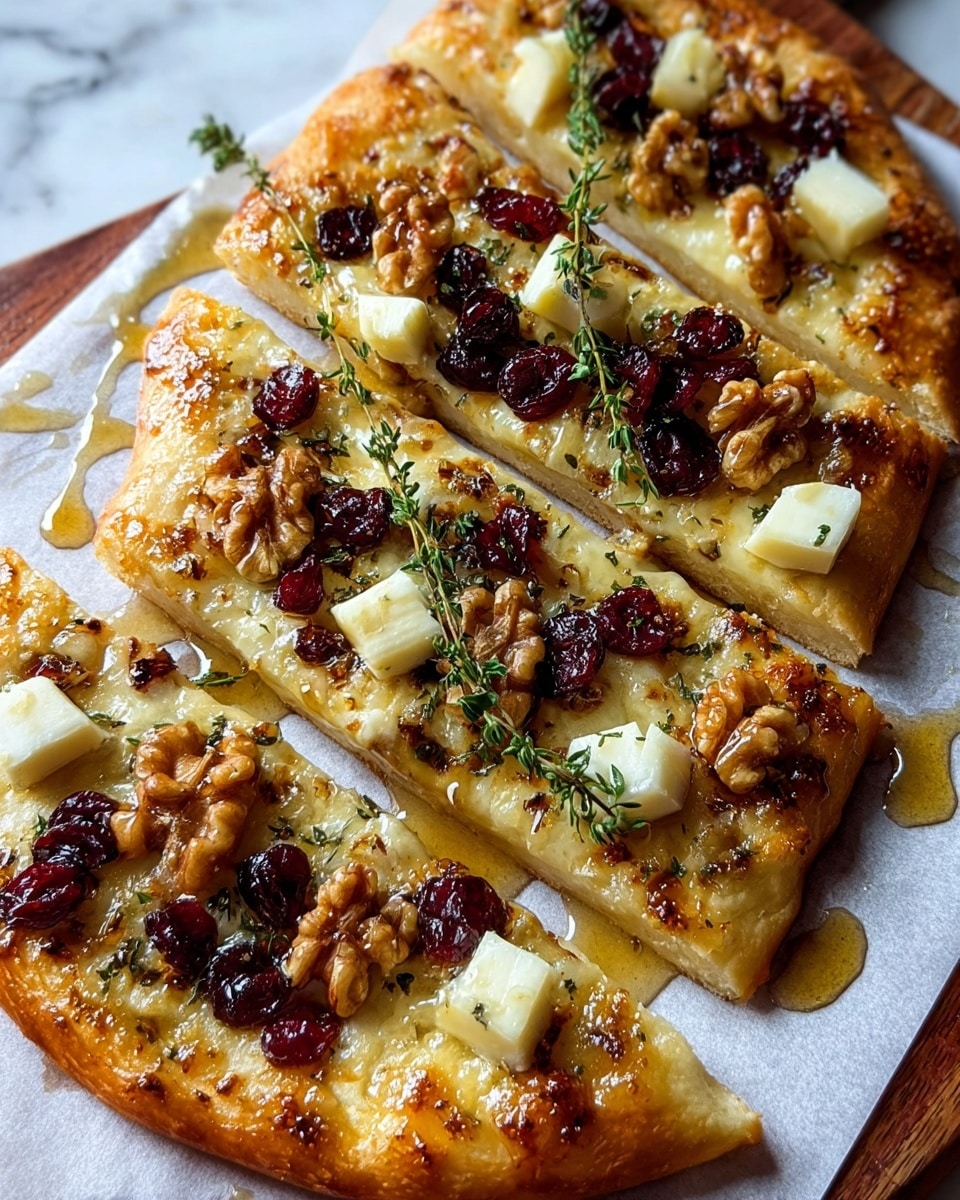 The image shows a square flatbread cut into four pieces on white parchment paper over a white marbled surface. The flatbread has three main layers: a golden brown crust with a slightly crispy texture, a melted cheese layer underneath with small white melted patches, and a topping layer featuring scattered walnut halves, dark red dried cranberries, and fresh green thyme sprigs. Small cubes of pale creamy cheese are also spread among the toppings. The flatbread is shiny with a glaze of honey dripping down the edges, adding a sticky, glossy finish. photo taken with an iphone --ar 4:5 --v 7