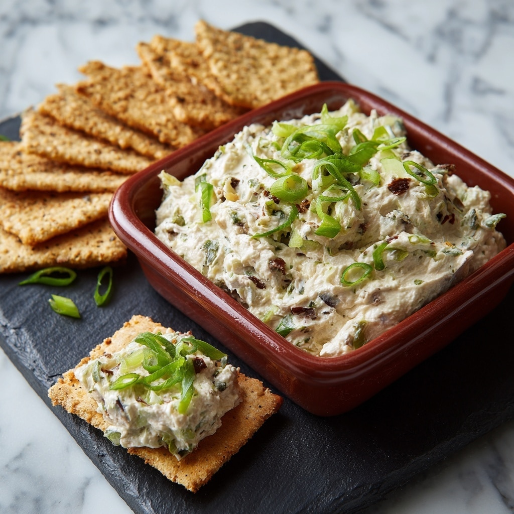 A shallow, textured square terracotta dish filled with a chunky, creamy dip made of light tan spread mixed with small pieces of green herbs and bits of darker ingredients, topped with chopped green onions scattered on top. Next to the dish, a crisp light brown cracker is spread with the same dip and garnished with more green onion pieces. Behind the dish, a fan arrangement of similar light brown crackers rests on a black slate surface. The whole setting sits on a white marbled texture, with some blurred green herbs and nuts in the background. photo taken with an iphone --ar 4:5 --v 7