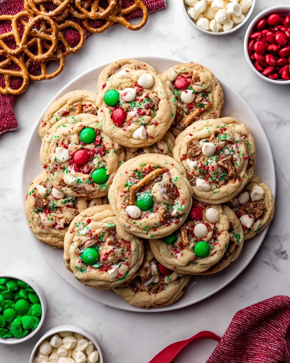 A white round plate is full of about a dozen thick cookies, each cookie light golden with a soft texture. The cookies are decorated with bright red and green candy-coated chocolates, small white chocolate chips, and broken pieces of pretzels that add a crunchy look. Red and green sprinkles are scattered all over the cookies, mixing with the other toppings on the slightly cracked surface. The plate sits on a white marbled surface with a few whole pretzels and a red ribbon nearby, and three small white bowls surround the plate, holding red and green candies, white chocolate chips, and pretzels. Photo taken with an iphone --ar 4:5 --v 7