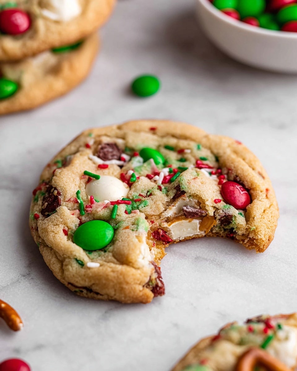 A single round cookie with a rough, golden-brown surface lies on a white marbled texture. It is filled with colorful pieces: large green and red candy-coated chocolates, small green and red sprinkles, a bit of white chocolate, and a small piece of a twisted pretzel. One side of the cookie has a bite taken out, exposing a slightly crumbly, soft inside with visible chocolate and candy bits. In the background, there are hints of more cookies and a bowl filled with green and red candies, all placed on the same white marbled surface. photo taken with an iphone --ar 4:5 --v 7