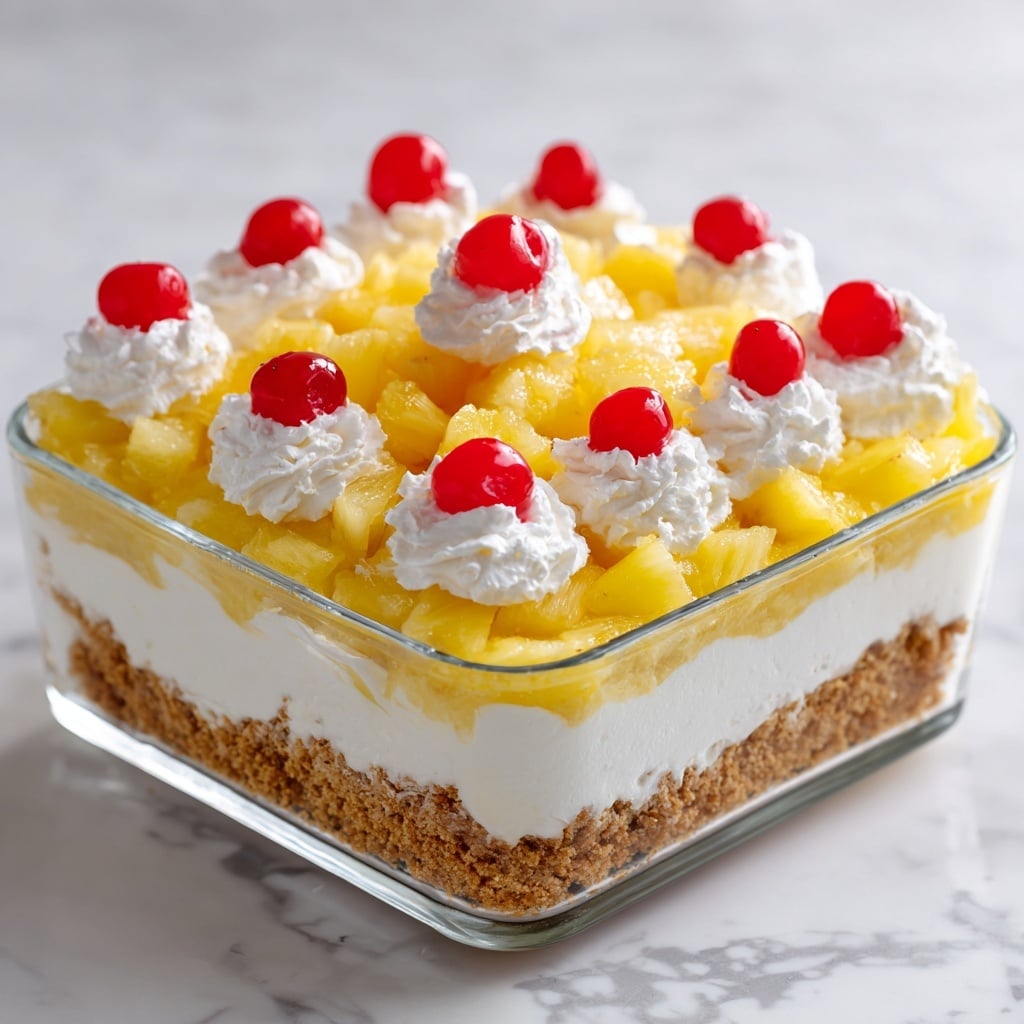 A square glass dish filled with a layered dessert that has three visible layers: the bottom layer is a crumbly light brown crust, the middle layer is thick and white with a creamy texture, and the top layer is a bright yellow jelly-like topping with small chunks mixed in. On the top, there are white dollops of whipped cream evenly spaced, each topped with a small red cherry. The dish is set on a white marbled surface. Photo taken with an iphone --ar 4:5 --v 7