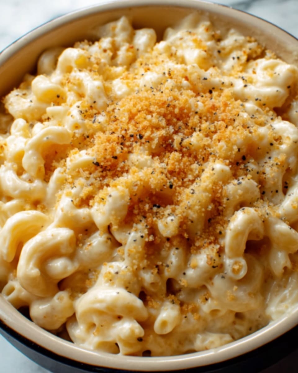 A close-up image of creamy macaroni and cheese served in a white bowl, showing a thick layer of smooth, pale yellow cheese sauce coating the small elbow pasta evenly throughout. The top center is sprinkled with a golden-brown crumb topping that adds texture and slight crunch, with a light dusting of black pepper visible. The background features a white marbled surface, giving a clean and simple look. Photo taken with an iphone --ar 4:5 --v 7