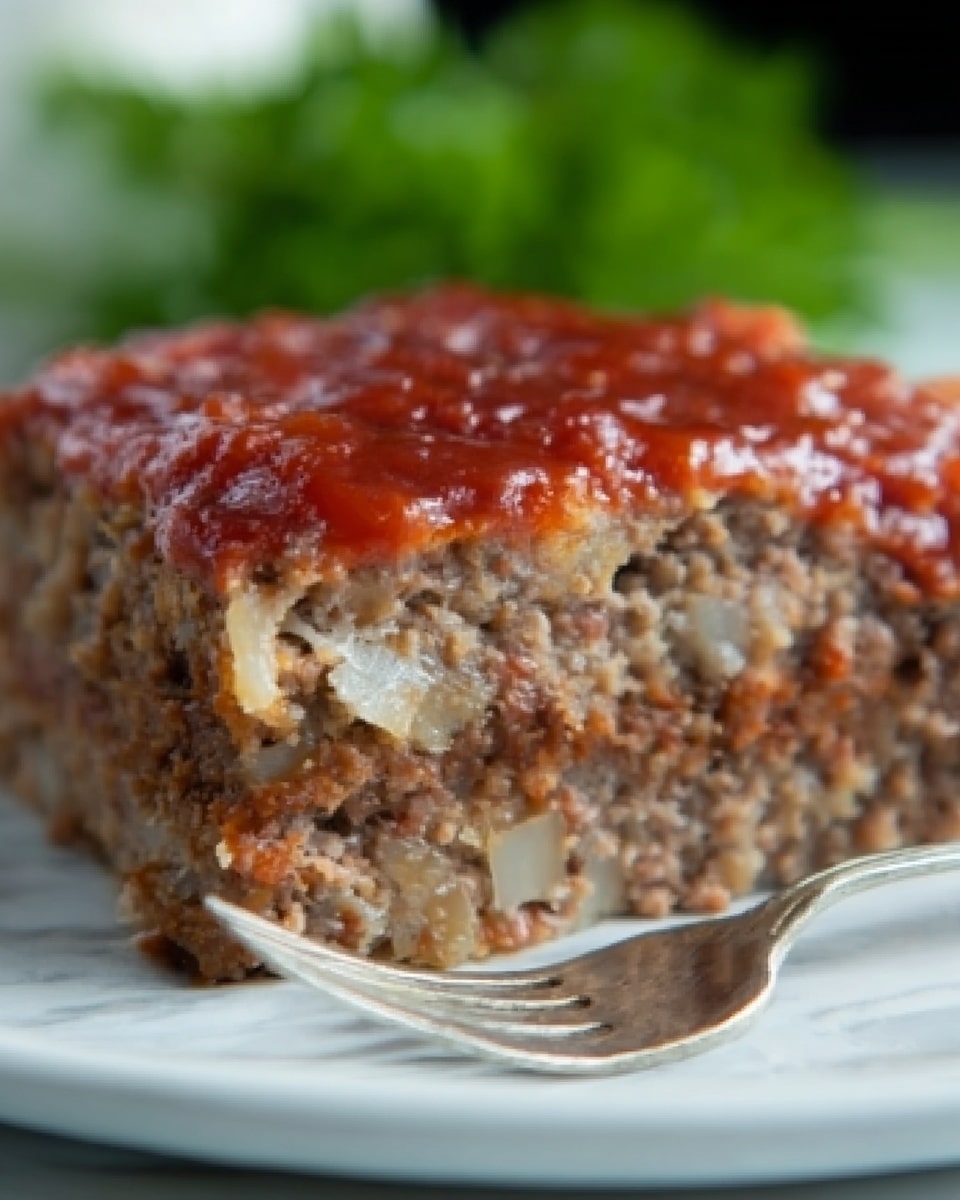 A close-up image of a rectangular meatloaf in a silver foil tray, topped with thick, shiny red ketchup spread in wide horizontal lines. The meatloaf surface is textured with small pieces of cooked ground meat and bits of vegetables visible inside, showing a brown color with hints of lighter tones. The foil edges are crinkled and slightly raised around the meatloaf. The background is a white marbled surface. Photo taken with an iphone --ar 4:5 --v 7