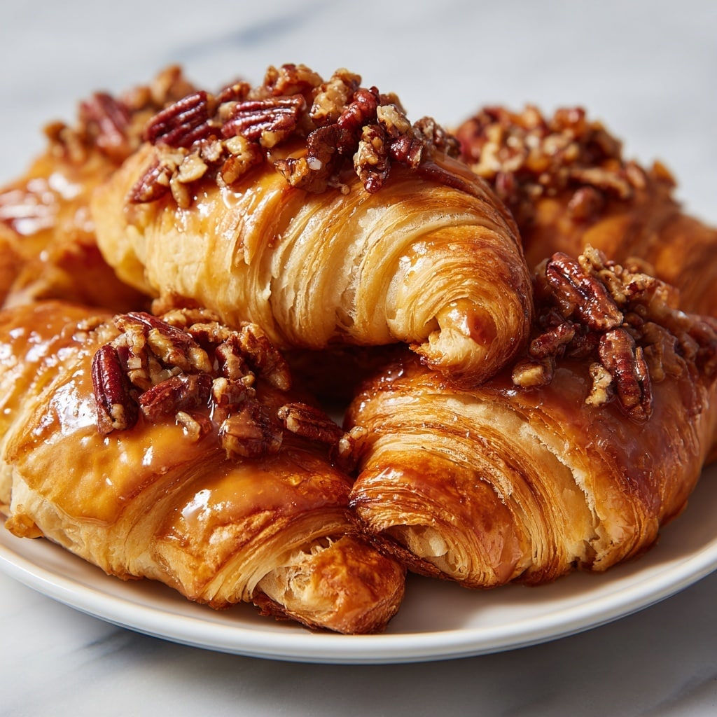 The image shows several golden brown pastries with many thin, flaky layers arranged in a crescent shape. Each pastry is topped with a glossy caramel glaze that shines under the light, covering the top and dripping slightly down the sides. At the open end of each pastry, there is a filling made of chopped nuts and a few whole pecans, displaying a rich, shiny texture from the caramel mixture. The pastries rest closely together on a white plate, which is placed on a white marbled surface. Photo taken with an iphone --ar 4:5 --v 7
