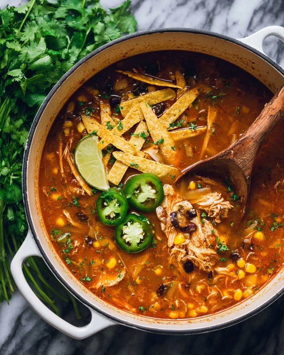 A deep bowl filled with rich reddish-orange chicken soup, showing shredded chicken pieces, black beans, and corn mixed in the broth. On top, there are several layers of toppings: crisp yellow tortilla strips, bright green diced avocado chunks, a few slices of green jalapeño, small green cilantro leaves, and a wedge of lime resting on the right side. A silver spoon is placed inside the soup on the right edge. The bowl sits on a white marbled surface with some tortilla strips and a whole jalapeño visible in the background. photo taken with an iphone --ar 4:5 --v 7