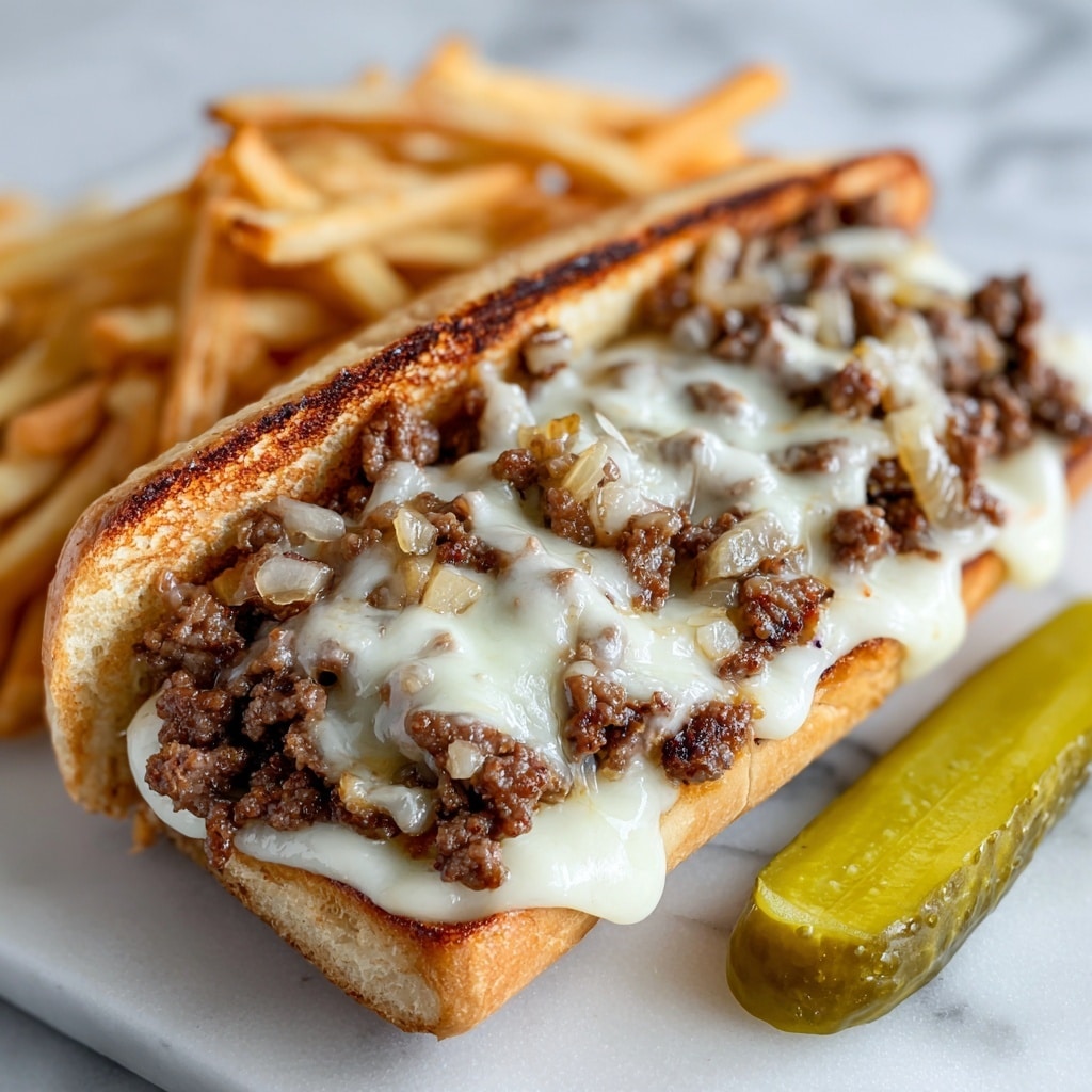 The image shows a sandwich with three main layers on a white marbled surface. The base layer is a toasted bun, golden brown with a crispy texture. On top of the bun, there is a thick layer of cooked, thinly sliced steak pieces, dark brown with some caramelized edges. Melted white cheese stretches slightly over the meat, adding a creamy look. Next to the sandwich, there are golden French fries scattered, and a large green pickle spear placed on the right side. The sandwich is the central focus with fries and pickle as side details. photo taken with an iphone --ar 4:5 --v 7