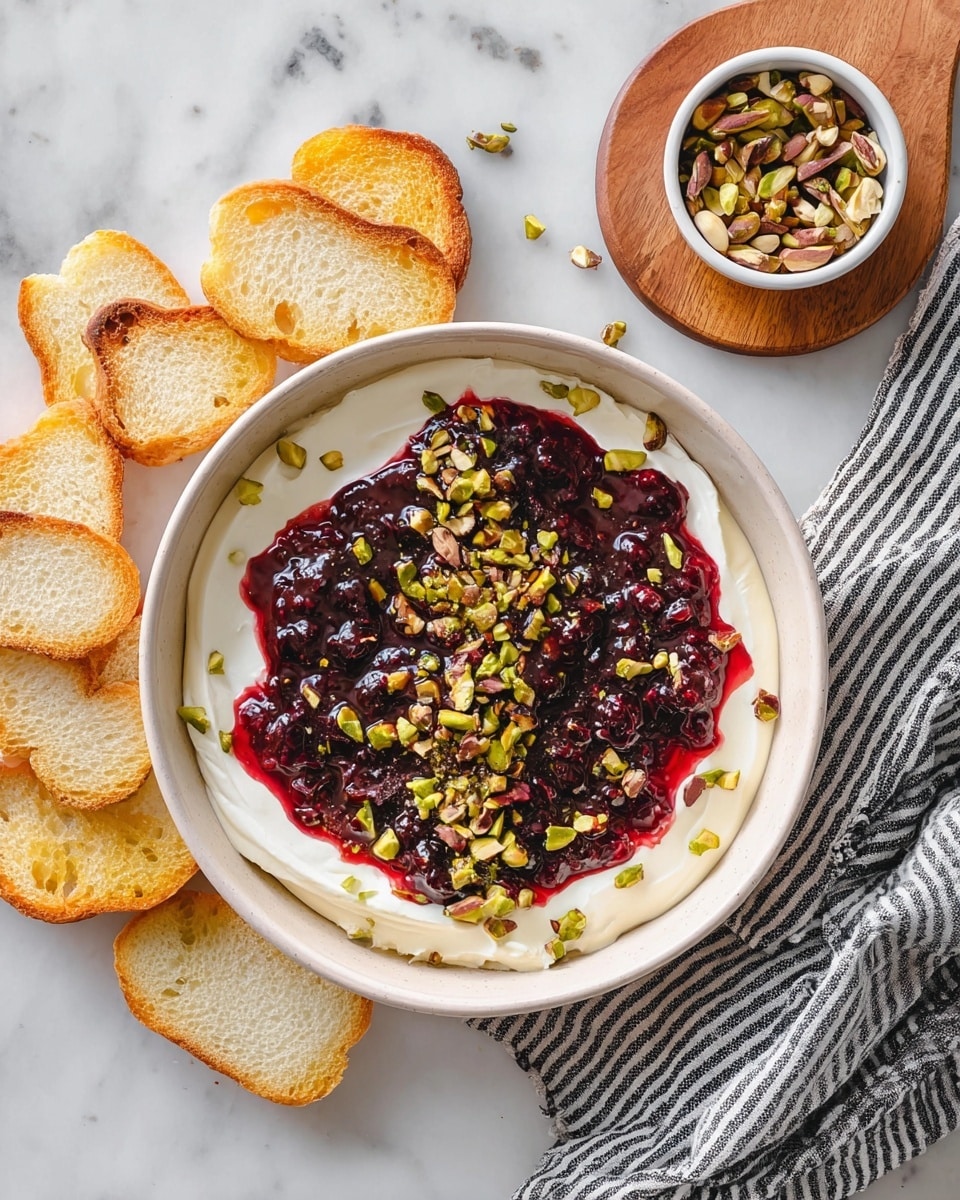 A white bowl filled with three visible layers: the bottom layer is smooth and creamy white cheese spread, the middle layer is a thick, glossy dark red berry sauce with whole berries adding texture, and the top layer is scattered chopped green pistachio nuts that provide a crunchy contrast. The bowl sits on a white marbled surface surrounded by small slices of light beige toasted bread and a small white bowl of chopped pistachios on a wooden coaster. A black and white striped cloth is draped casually next to the bowl. Photo taken with an iphone --ar 4:5 --v 7