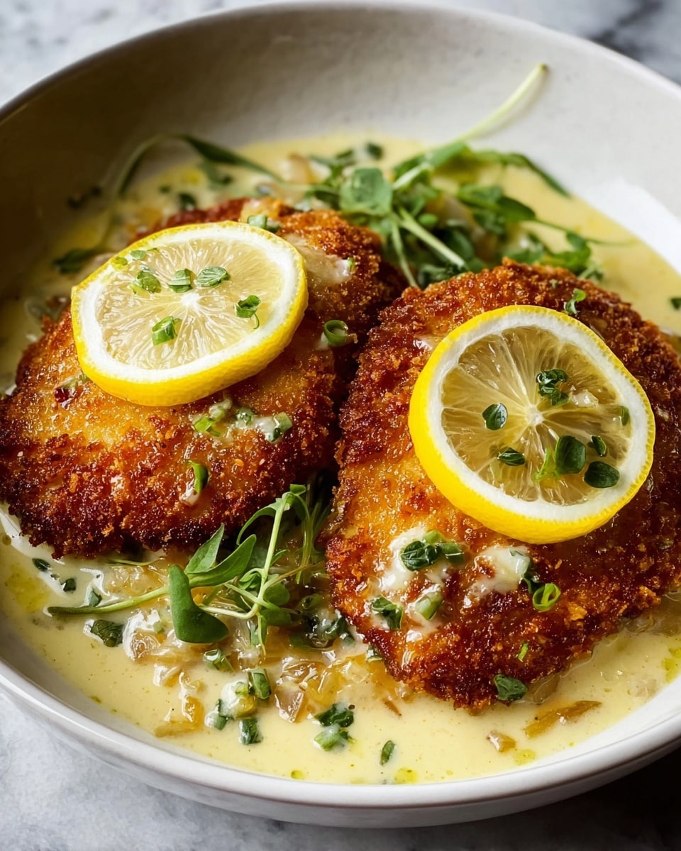 A white shallow bowl holds two pieces of golden-brown crispy fried chicken cutlets as the main layer, topped with a light yellow creamy sauce with small bits of cooked onion and fresh green parsley scattered on top. Each cutlet is garnished with a round, thin slice of bright yellow lemon placed in the middle. Around the chicken, the creamy sauce pools at the bottom, adding a glossy texture. On the side of the bowl, there are a few sprigs of fresh green herbs for garnish, all set on a white marbled surface. photo taken with an iphone --ar 4:5 --v 7