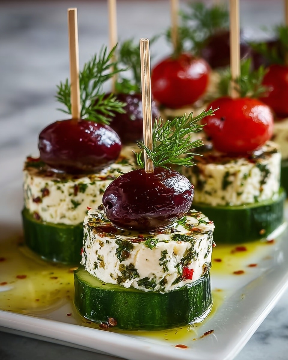 This image shows a row of small, stacked appetizers arranged neatly on a white plate. Each appetizer has three layers: a thick, dark green cucumber slice at the bottom with a watery texture, a round, white block of herb-speckled cheese in the middle covered with green and red seasoning, and a shiny dark purple olive and a half bright red cherry tomato on top. Each stack is held together with a small wooden skewer, finished with a small sprig of fresh green dill at the top. The plate surface has golden olive oil drizzled around the appetizers, and the background is a white marbled texture. photo taken with an iphone --ar 4:5 --v 7